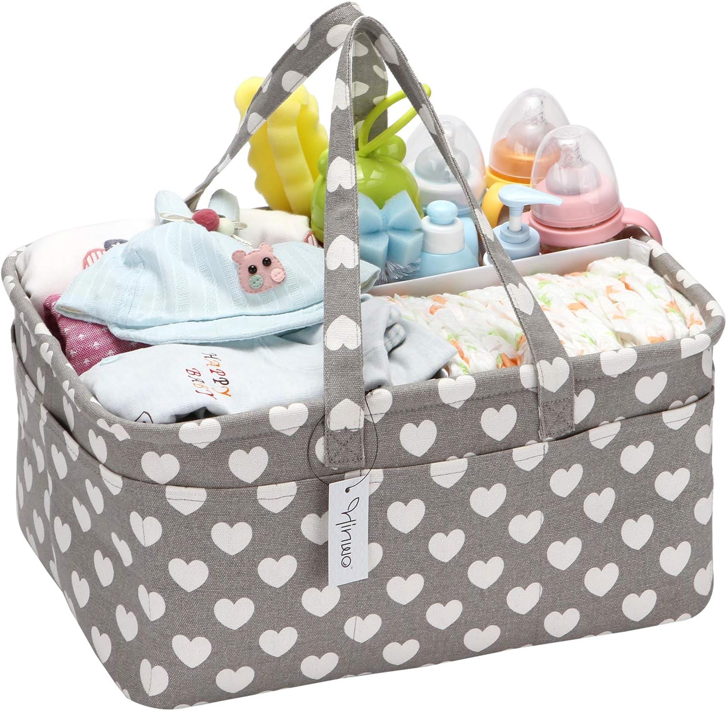 Hinwo Baby Diaper Caddy 3-Compartment Infant Nursery Tote Storage Bin Portable Car Organizer Newborn Shower Gift Basket with Detachable Divider and 10 Invisible Pockets for Diapers & Wipes (Heart)