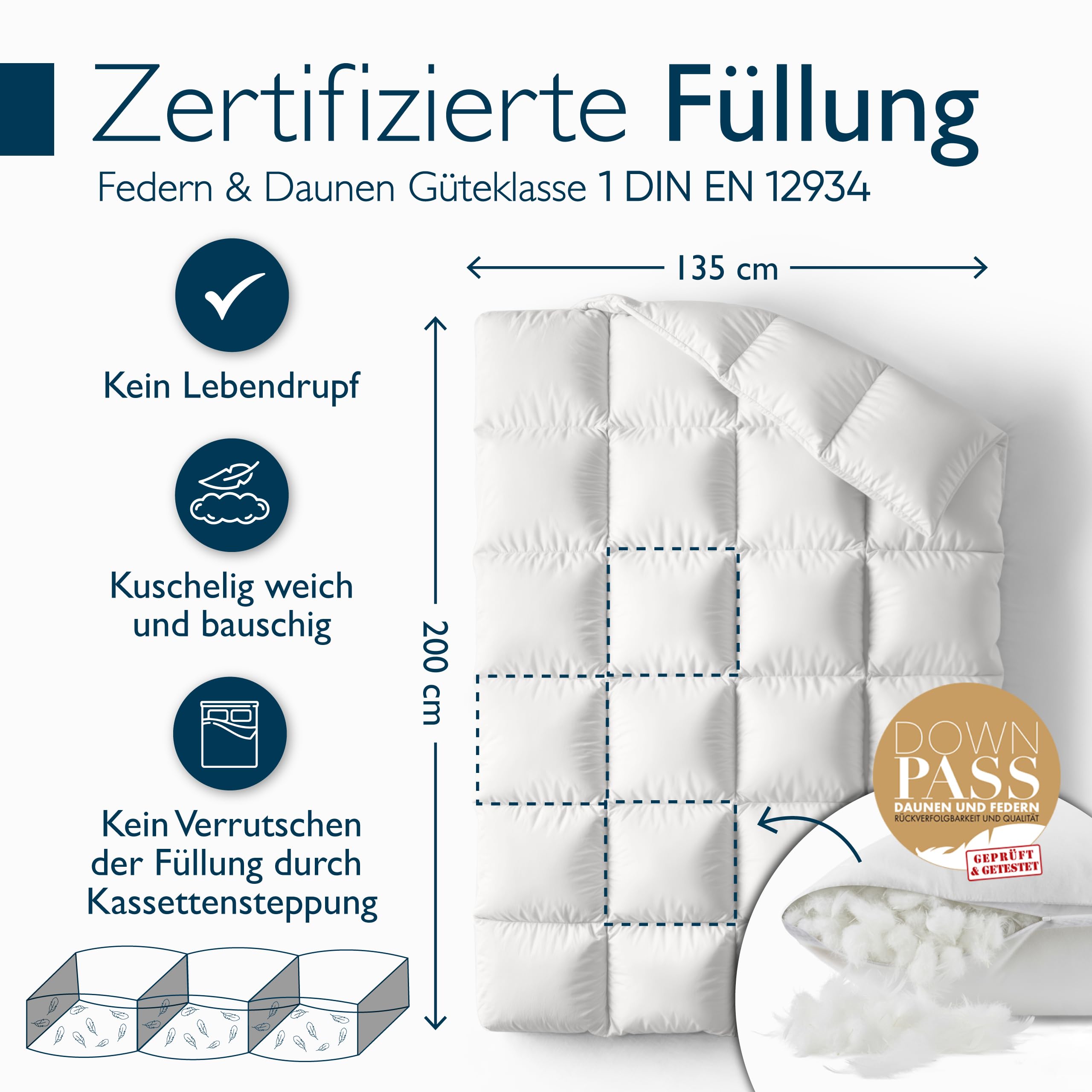 Beautissu Daunendecke Winter Ganzjahresbettdecke 90% Daunen | 135x200 Downpass Nomite Baumwollbezug 4 Jahreszeiten Federbettdecke waschbar Bettdecke Winterbettdecke warm Premium