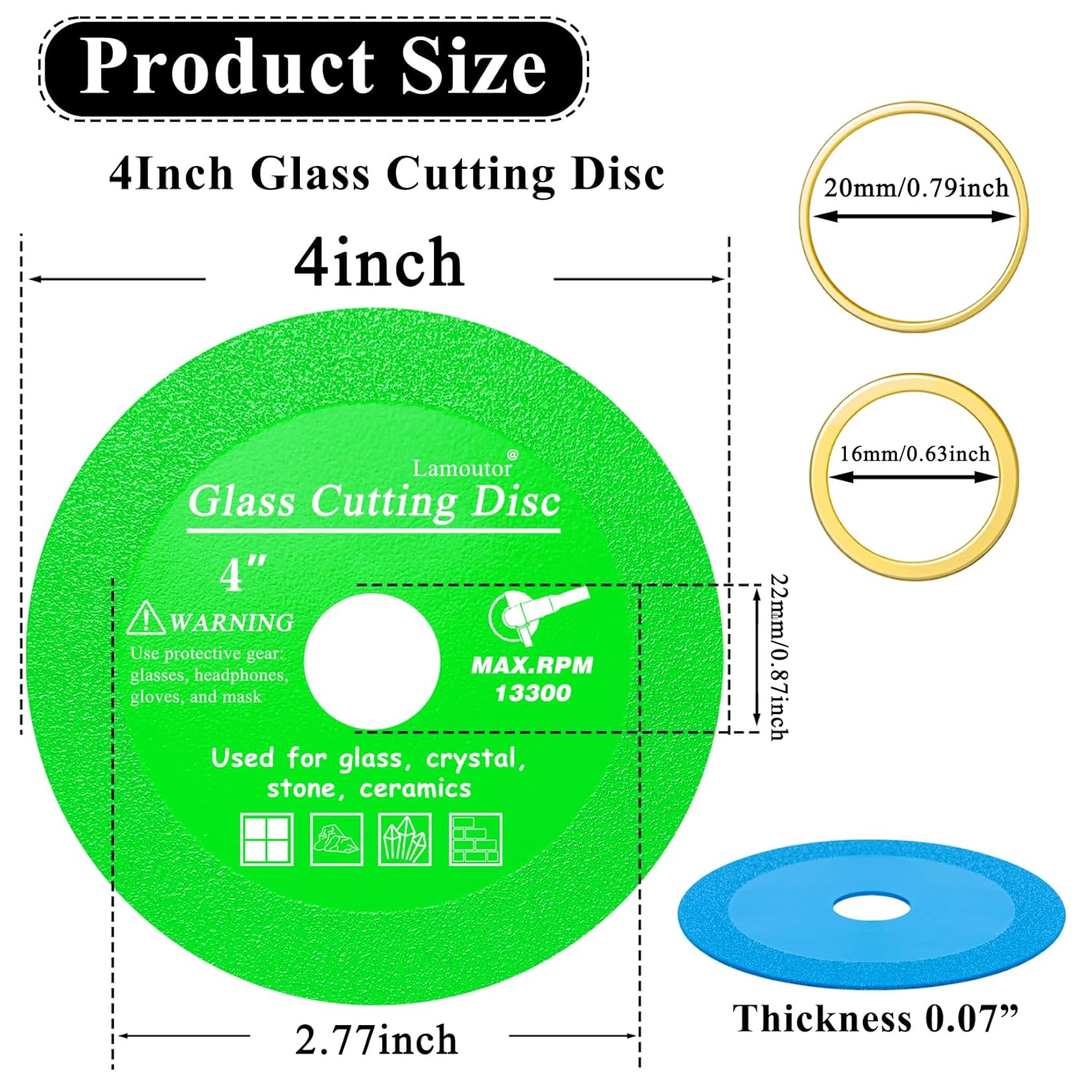 Lamoutor 6Pcs 4 Inch Glass Cutting Disc for Angle Grinder, Diamond Saw Blade, Tile Cutter Blade for Cutting Marble Glass Tile Jade Crystal（Green/Blue/Yellow/Black/Red/Orange）