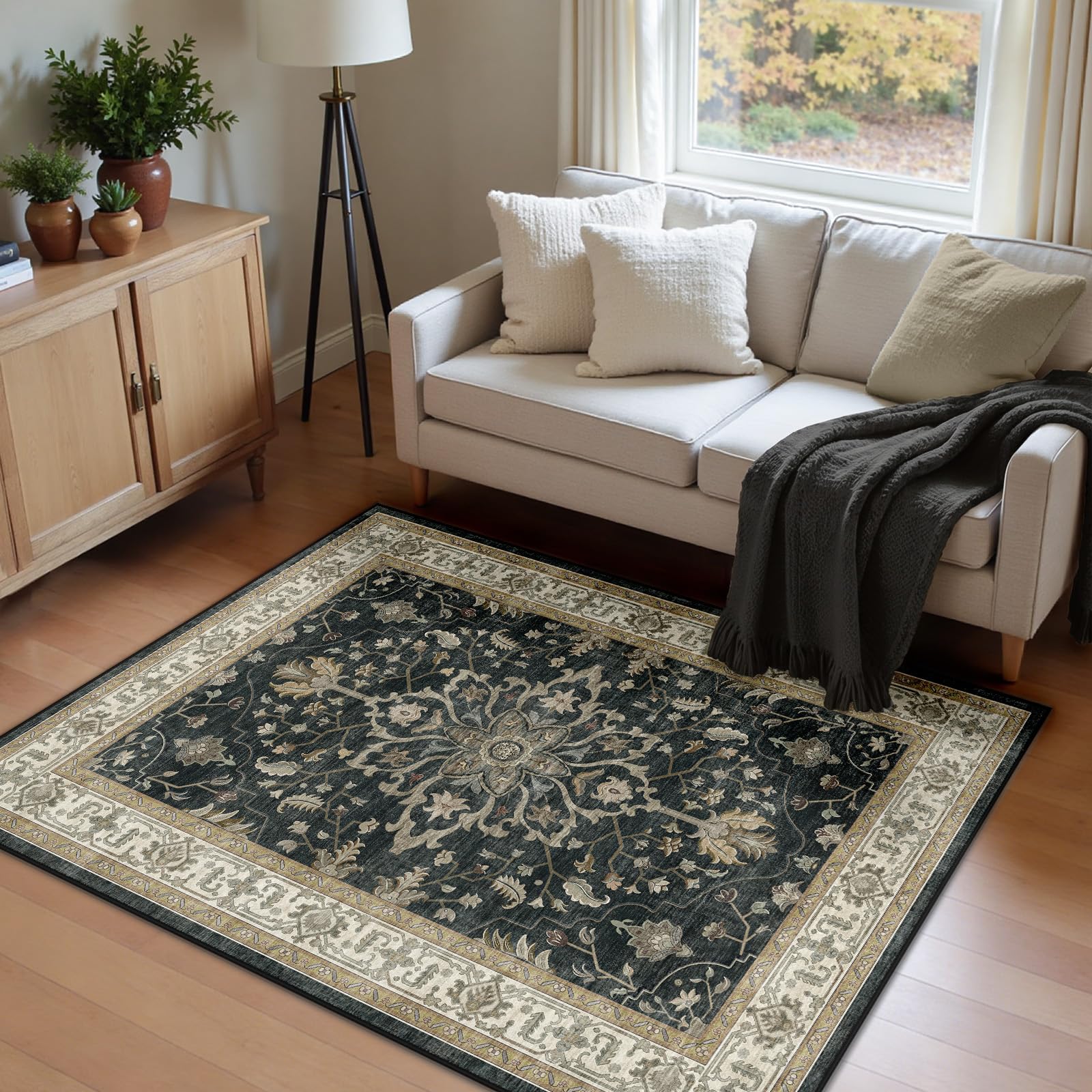 INOVADAY Machine Washable Rugs 120x180 cm Vintage Area Rug Low Pile Anti-Slip Carpet with Print Pattern for Living Room Bedroom Home Office Indoor Black/Beige