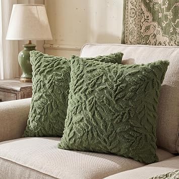 Fanfanwin Set of 2 Olive Green Throw Pillow Covers 18" x 18" Soft Plush Leaf Dark Green Solid Couch Pillow Covers Faux Wool Farmhouse Pillowcases for Bed Sofa Living Room