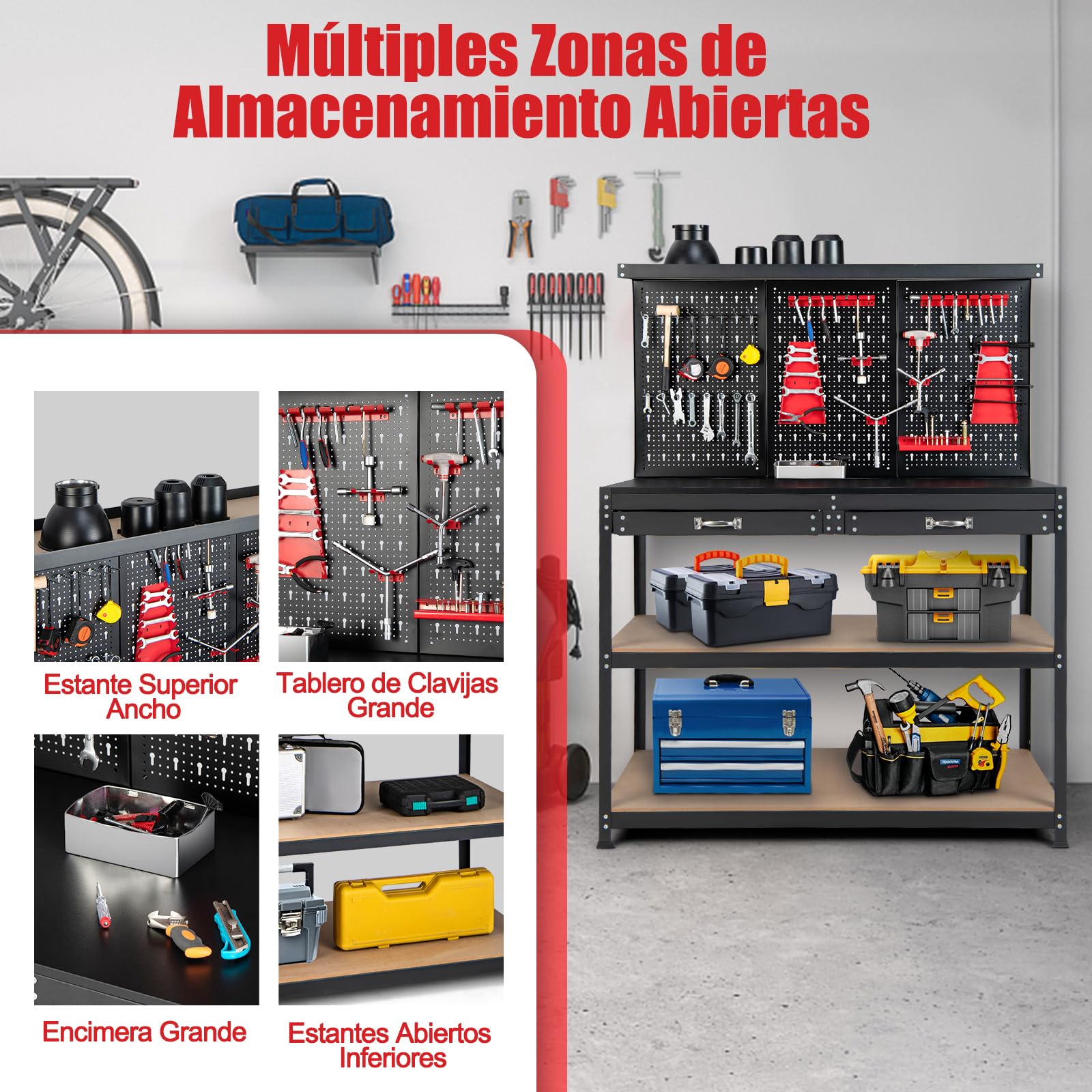 GOPLUS Banco de Trabajo con Panel Perforado, 121x61x156 cm, Organizador de Herramientas
