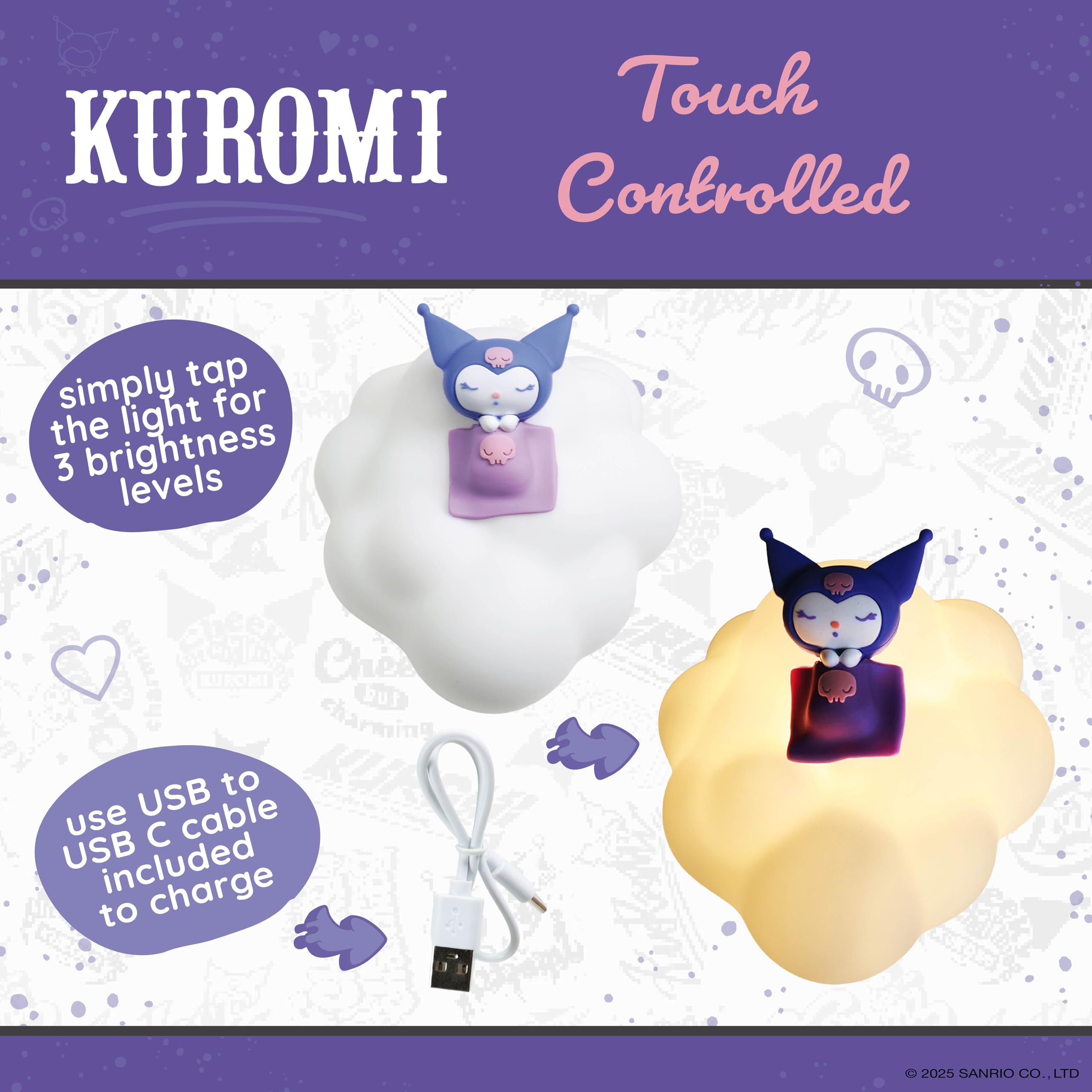 Blue Sky Studios Kuromi Cloud Light, USB-C Rechargeable Lamp with 3 Brightness Levels, Soft Vinyl Design - Image 4