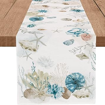 PROCIDA Blue Beach Table Runner Tropical Ocean Coastal Table Runners Seashell Burlap Seasonal Nautical Kitchen Dining Coffee Table Decor for Home Holiday Party Indoor Outdoor 13x108 Inch