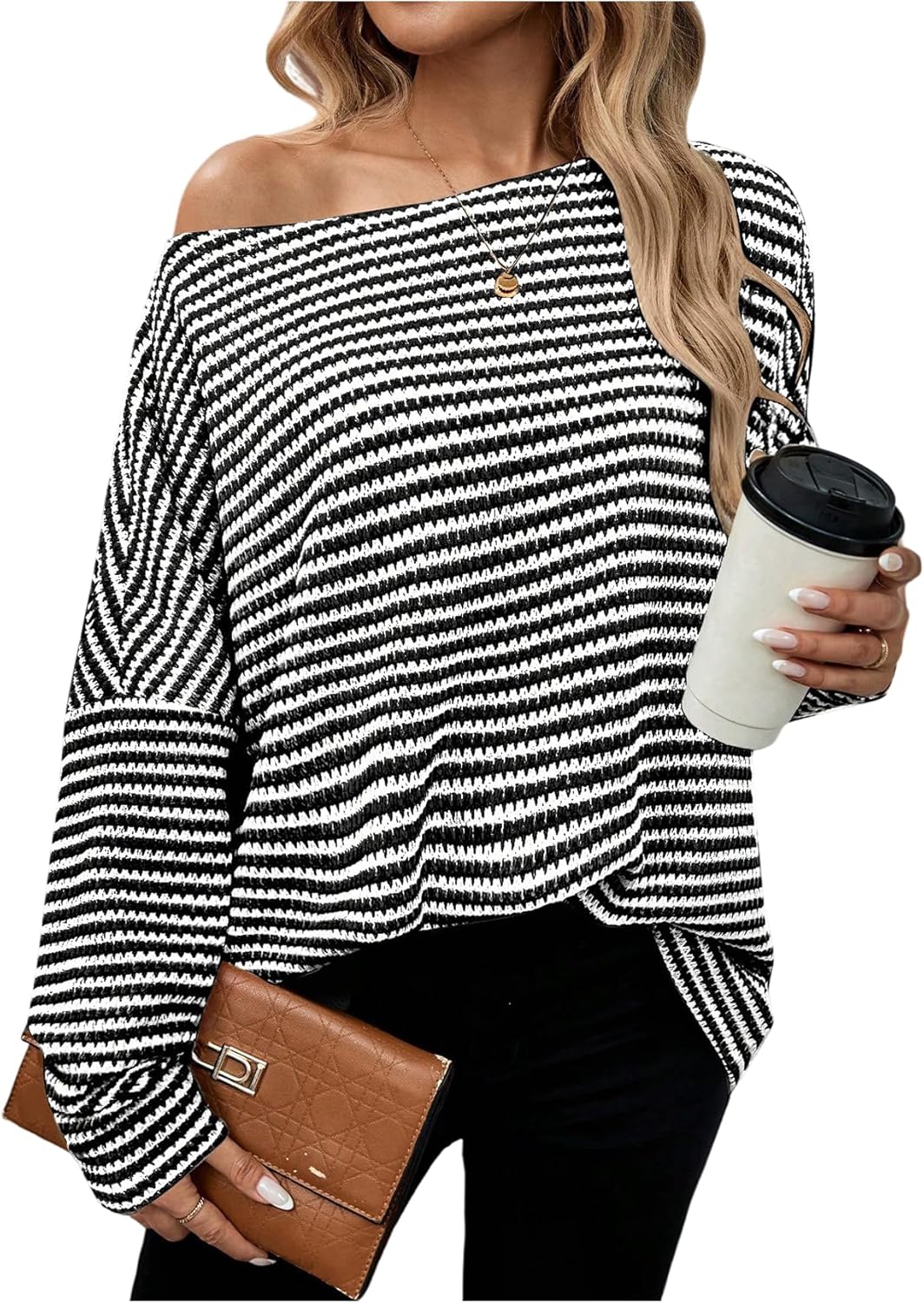 MakeMeChic Women's Striped Blouse Off The Shoulder Tops Long Sleeve Knit Going Out Tops