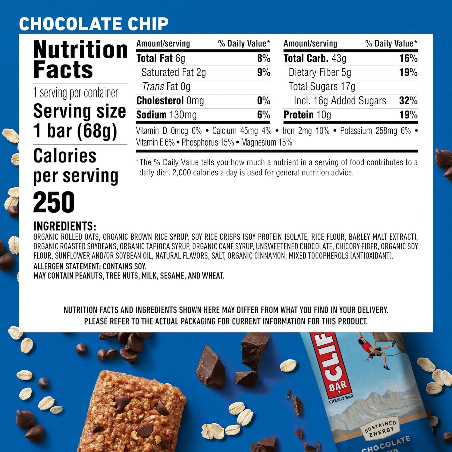 CLIF BAR - Chocolate Chip - Made with Organic Oats - 10g Protein - Non-GMO - Plant Based - Energy Bars - 2.4 oz. (12 Pack)