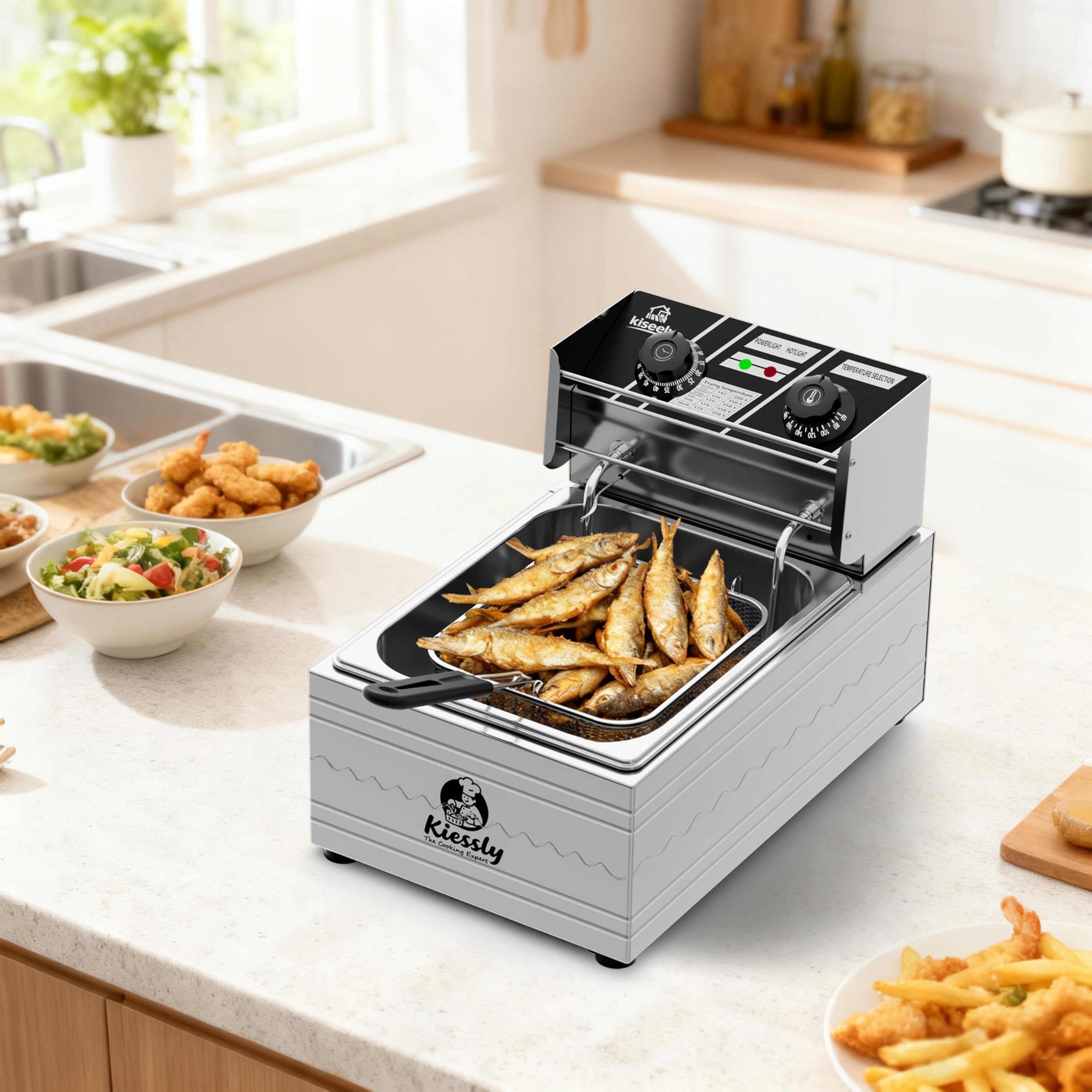 Friteuse 20L Electrique INOX, Friteuse Commerciale 3500 W avec paniers et couvercles, double cuve, avec contrôle de la durée et de la température (Friseur unique 10L NQ7)