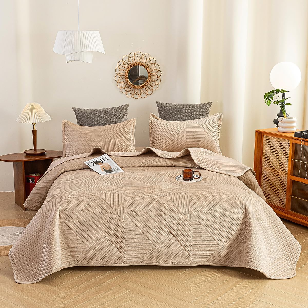 Quilt Set Bedspreads - Soft Bed Summer Quilt Lightweight Microfiber Bedspread- Modern Style Coin Pattern Coverlet for All Season - 3 Piece (1 Quilt, 2 Pillow Shams) (Khaki,King (U.S. Standard))