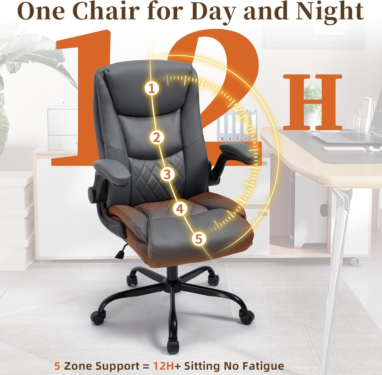 Office Chair, Executive Leather Office Chair with Lumbar Support & Flip-up Armrests, Ergonomic Adjustable High Back Swivel Chair with Rocking Function (Grey) - Image 5