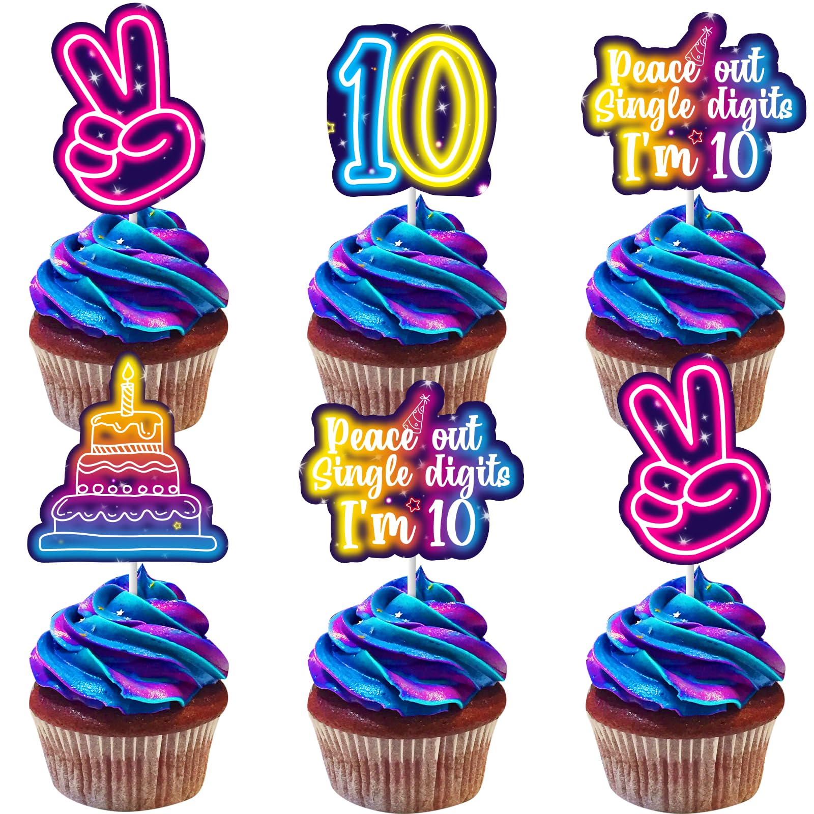 Decoración de neón para cupcakes de 10º cumpleaños para mesas de dulces 7