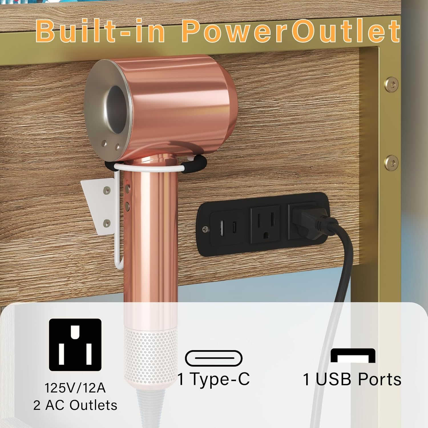 Vanity Desk with Mirror and Lights, Makeup Vanity Desk with Lights 3 Colors, Transparent Top Vanity with 2 RGB Drawers, Large Tempered Cabinet, with Power Outlet & Stool, Natural Oak