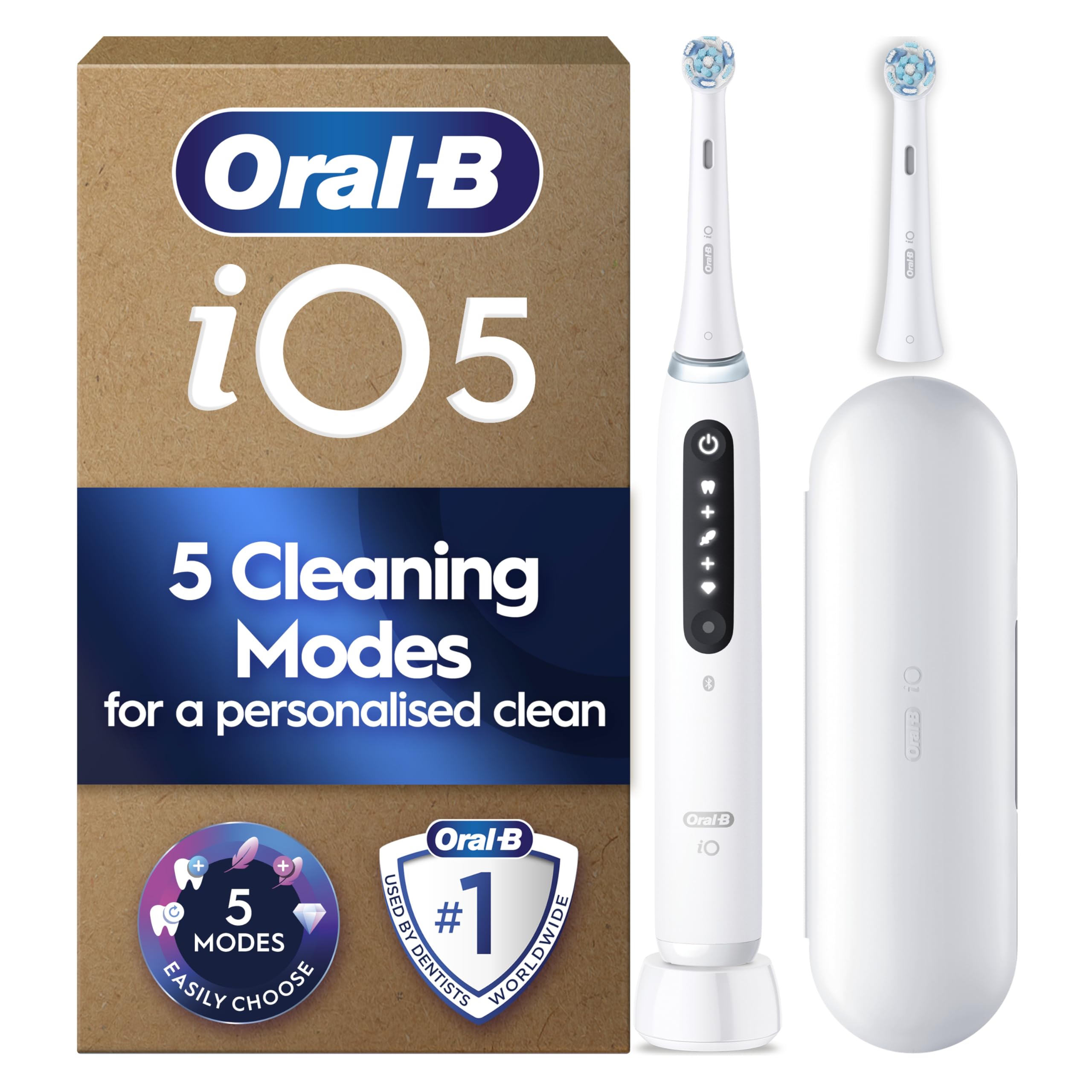 Oral-B iO5 Electric Toothbrushes for Adults, 2 Toothbrush Head and Travel Case, 5 Modes with Teeth Whitening, 2 Pin Plug, White
