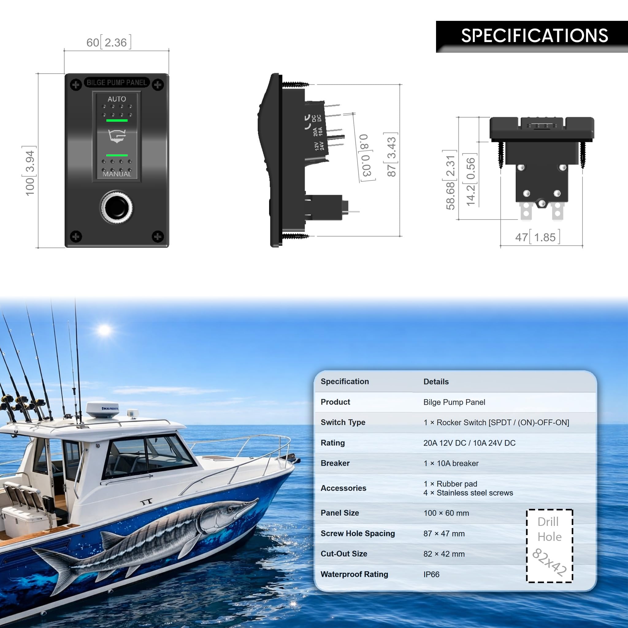 Bedienfeld für Bilgenpumpe, 3 Wege, Auto/Stopp/manuell, 12 V/24 V, integrierter Leistungsschalter, 10 A, IP66, vorverdrahtet, für Boot, Segelboot, Fischerboot
