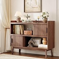 ONBRILL 44" Fluted Sideboard Buffet Cabinet with Outlet, Sliding Doors & Adjustable Shelves - Mid-Century Modern Console Table