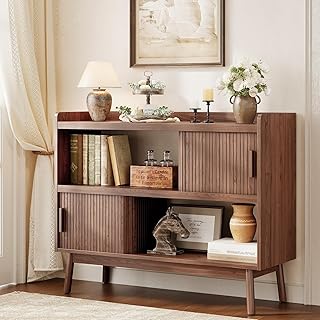 ONBRILL 44" Sideboard Buffet Cabinet with Outlet & 2 Open Storage Spaces, Fluted Sideboard Cabinet with Sliding Door & Adjustable Shelves, Mid-Century Accent Coffee Bar Console Table with Wooden Feet