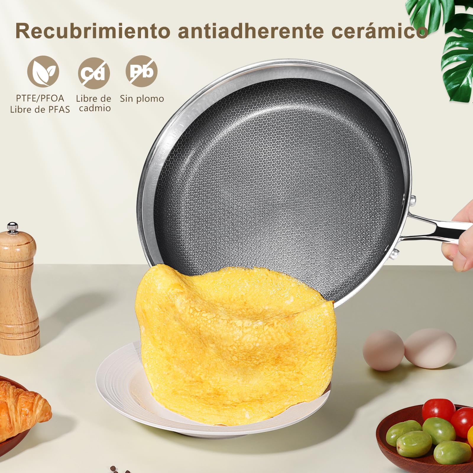 GiPP Sartenes Acero Inoxidable, Sartén 30cm, Acero Inoxidable de 3 Capas con Recubrimiento Cerámico Antiadherente y No Tóxico, Apta Para Todo Tipo de CocinasIncluida Induccion y Horno