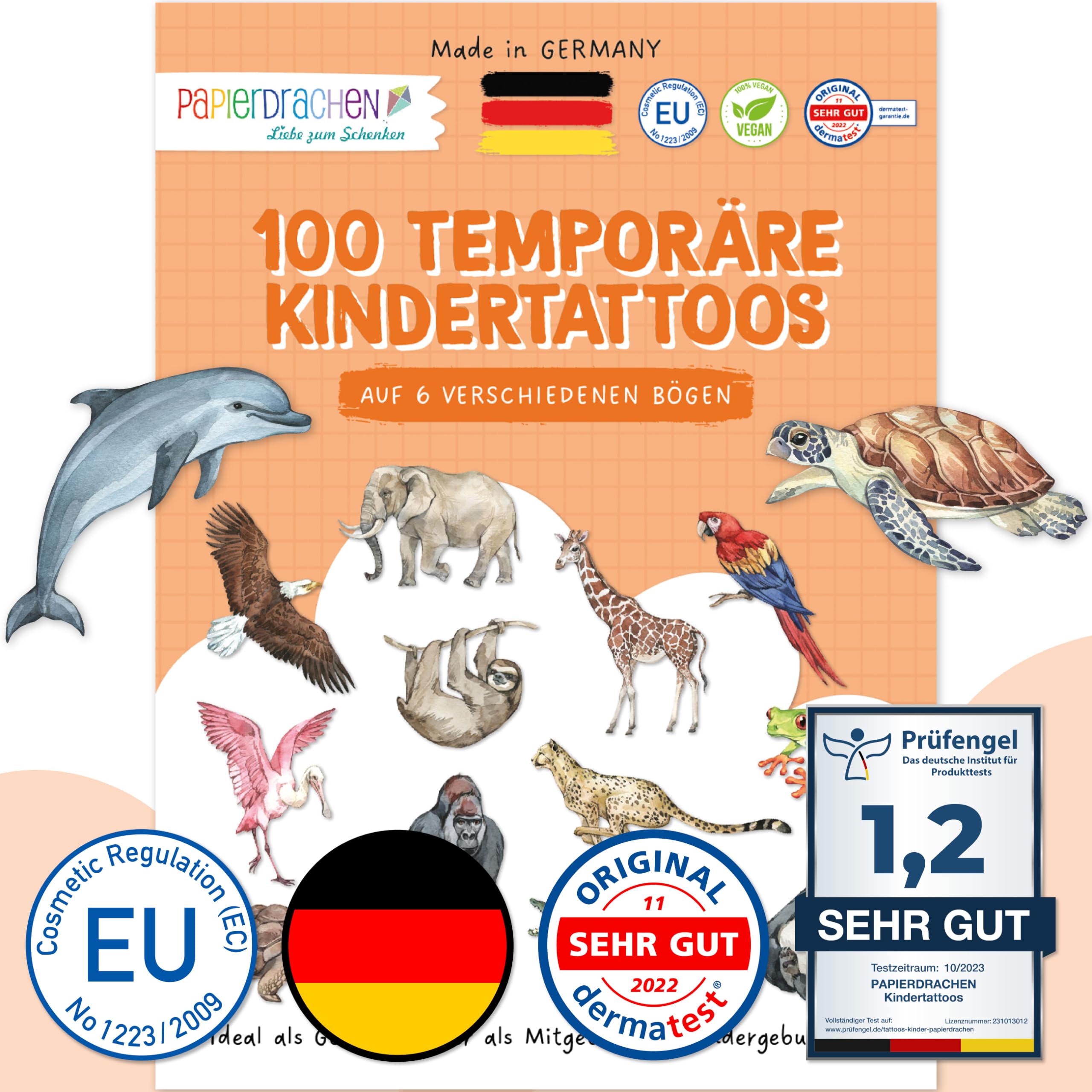Papierdrachen 100 besonders hautfreundliche Kindertattoos - Tattoos für Kinder - als Geburtstagsmitgebsel oder Geschenkidee - 100% vegan, geprüft & made in Germany