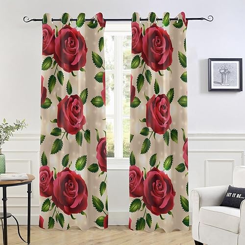 Cortinas opacas de hojas de rosas rojas de 84 pulgadas de largo para dormitorio y sala de estar, cortinas de oscurecimiento con aislamiento térmico