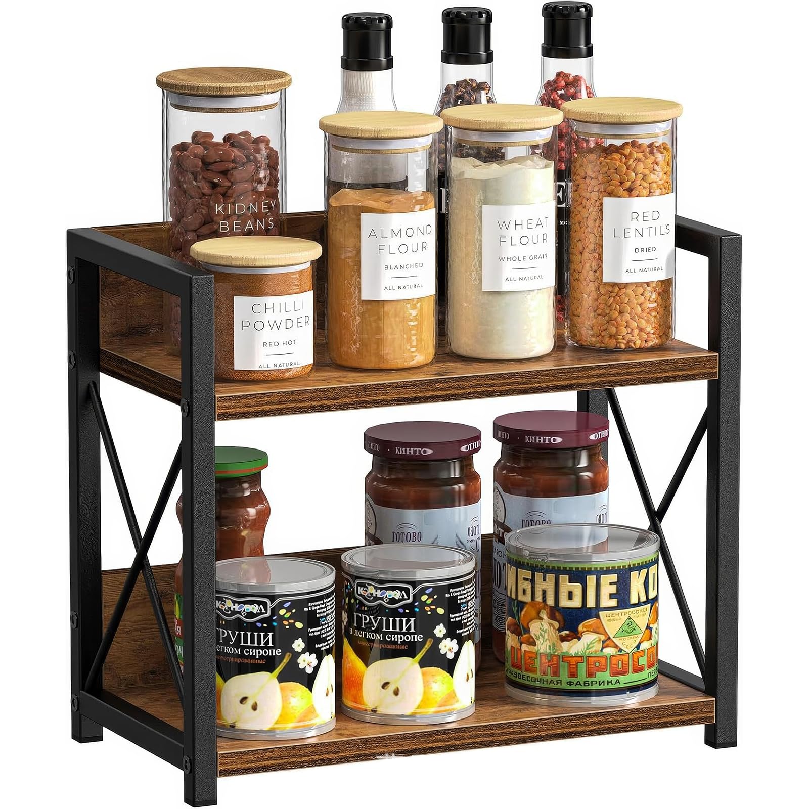 PCXWTLN Spice Rack Organizer, 2-Tier Kitchen Counter Shelf Organiser Spice Rack Industrial Counter Shelf Standing Seasoning Rack Wooden Desk Storage Rack for Kitchen Dining Room