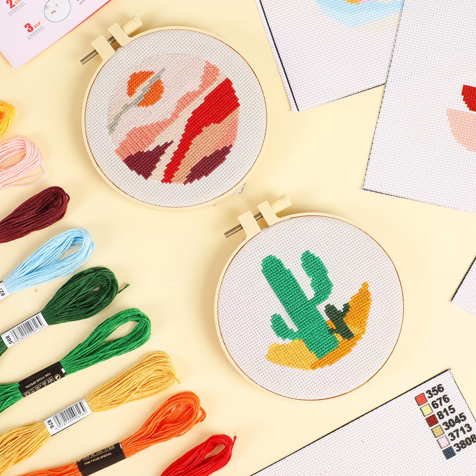 Kit De Broderie Point De Croix Bohème Pour Débutants - 6 Motifs Paysages, Avec Tambour, Fils Et Aiguilles