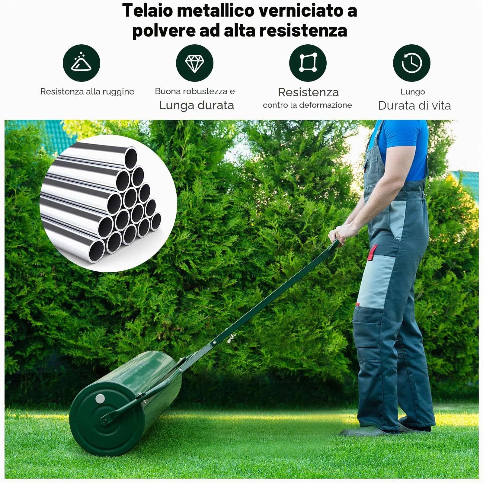 FANTASK Rullo per prato in metallo, Ø 30 cm, rullo manuale con manico 63 l, rullo per carichi pesanti, riempito con acqua e sabbia, rullo da giardino, rullo per prato