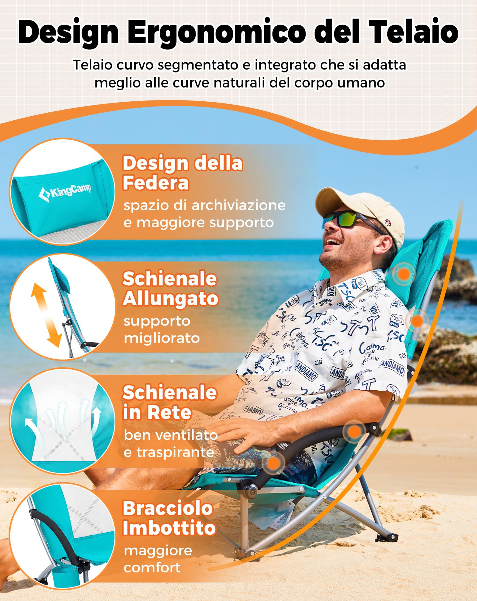 KingCamp Set di 2 Sedie da Spiaggia Pieghevoli Portata 180kg Cuscino Imbottibile Ciano