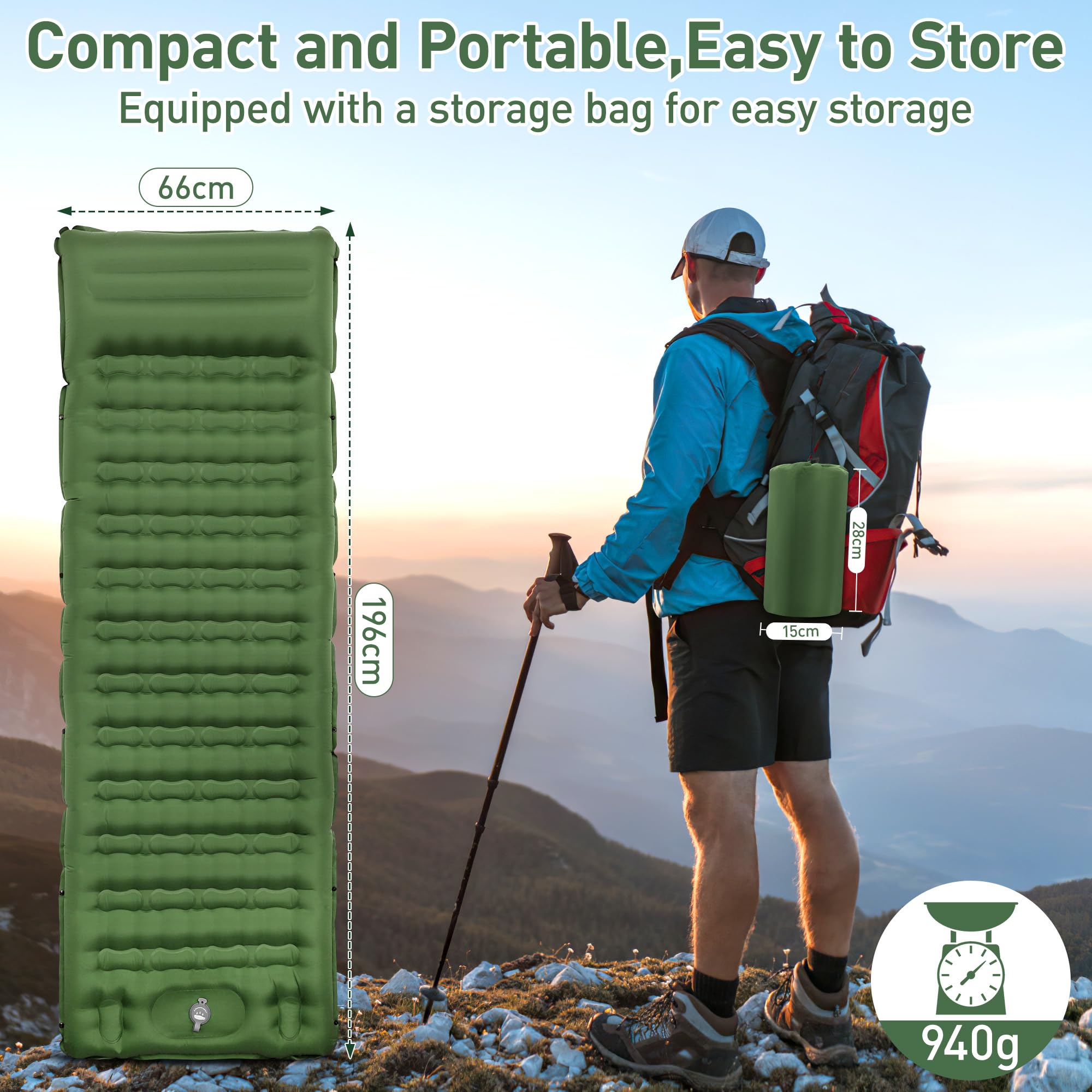 Isomatte Camping, 12CM Verdicktes Luftmatratze mit Fußpresse Pumpe,Luftverlust verhindern Aufblasbare Matratze Ultraleicht Wasserdicht Outdoor (Tannengrün)