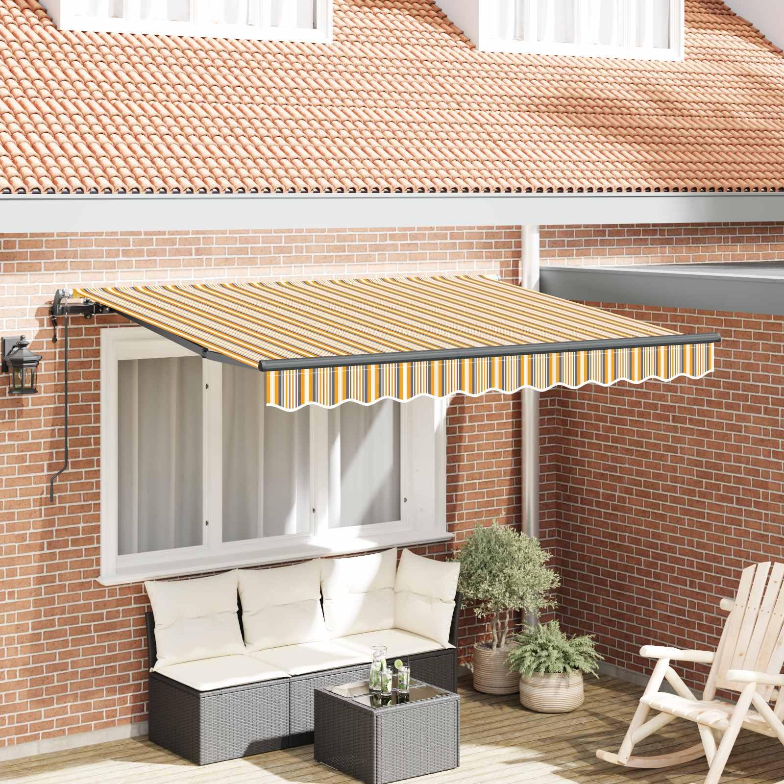 Wysuwana markiza żółto-szara, 250 x 200 cm, materiał z aluminiową ramą, obsługiwana elektrycznie, odporna na działanie wody i promieni UV, na balkon, taras i do ogrodu