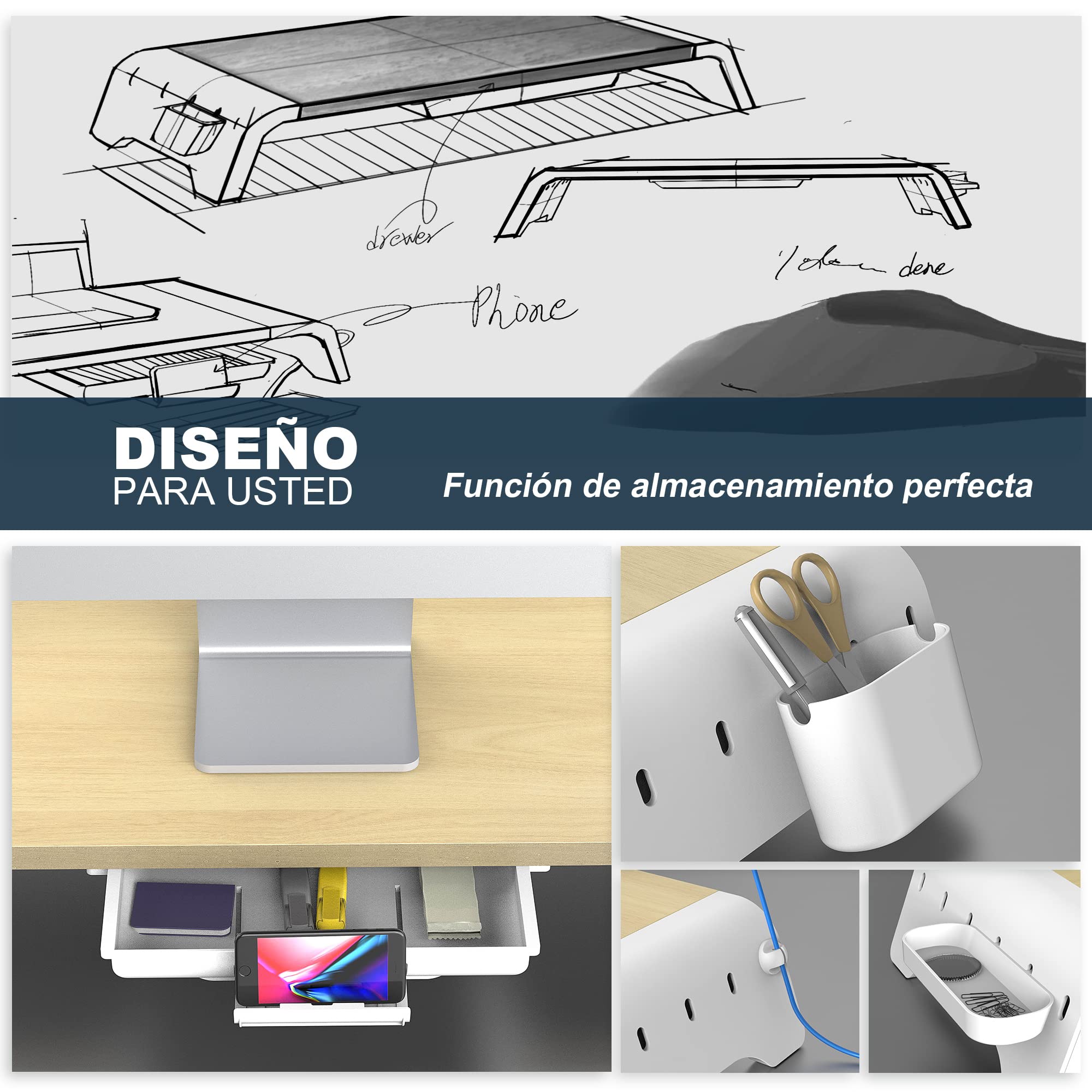 Fenge Elevador de Monitor Ajustable Largo y Ángulo Roble, Almacenaje | Elevador de monitor, organizador de escritorio hogar y oficina, 2 ranuras extraíbles y soporte móvil, carga máxima 25 kg