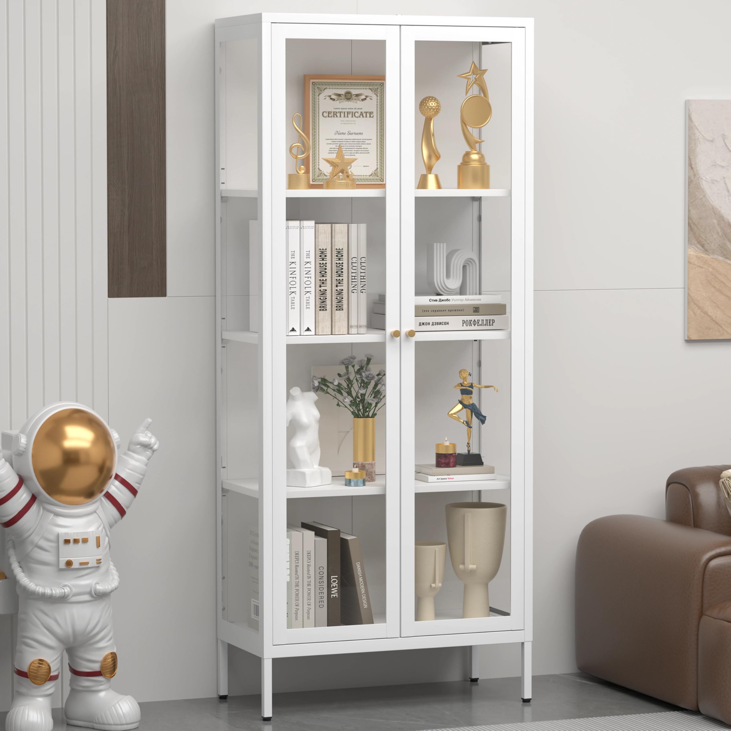 Display Cabinet with Glass Doors, Glass Display Cabinet 4-Tier, Metal Curio Display Cabinet with Tempered Glass Doors for Living Room, Plant, Display Shelf, Assembly Required, White
