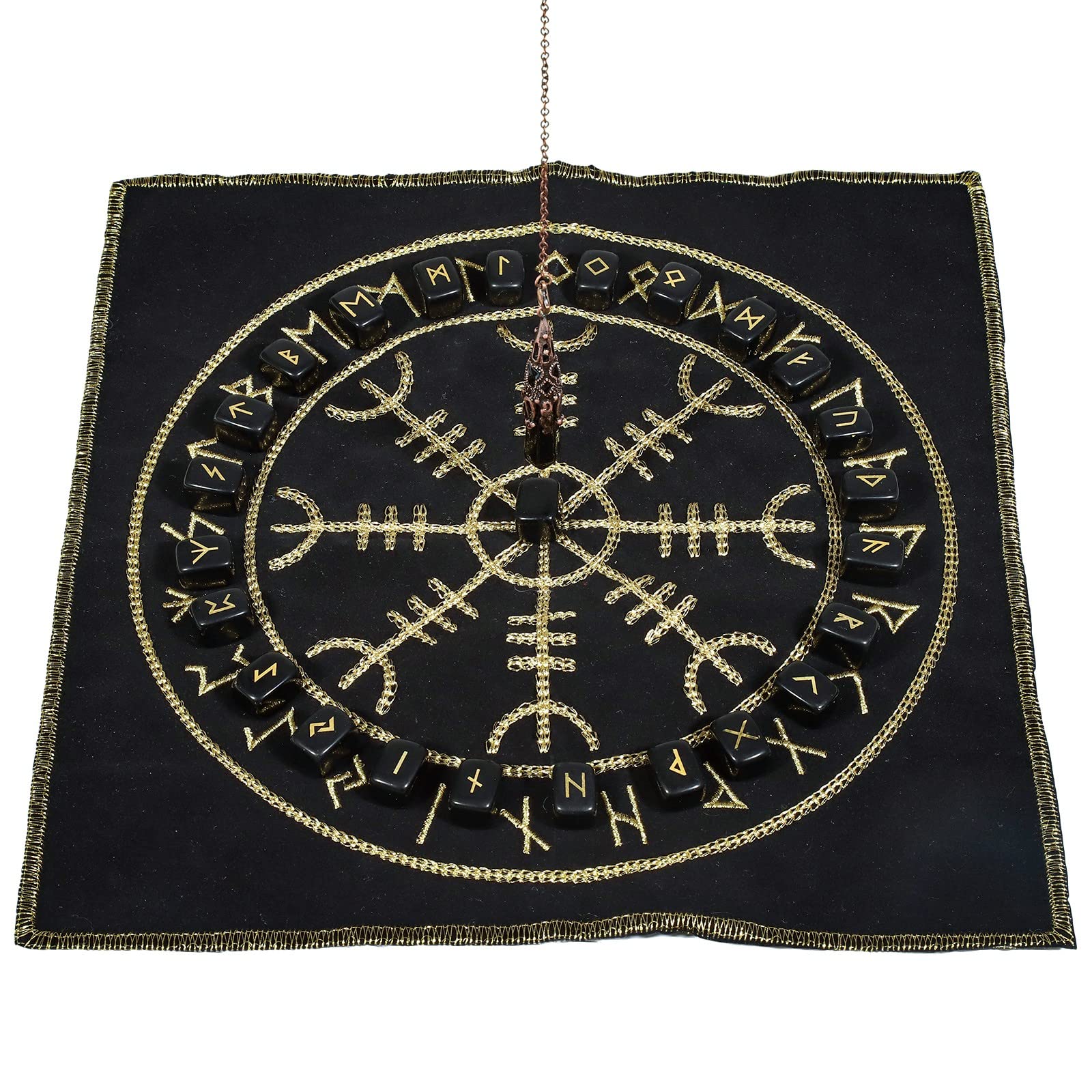 mookaitedecor Black Obsidian Rune Stones Set & 6 Facted Crystal Pendulum with Viking Compass Embroidered Energy Mat for Divination Meditation Reiki Healing