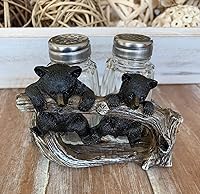 Vista 2 de De Leon Collections Polyresin 2 Cute Woodland Black Bear Cubs Playing on Branch Rustic Cabin Salt and Pepper Shaker Holder Set