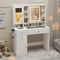 Vista 11 de Wodeer Escritorio de maquillaje con espejo y luces, tocador negro con parte superior de cristal, almacenamiento de joyas, tomas de corriente, 3