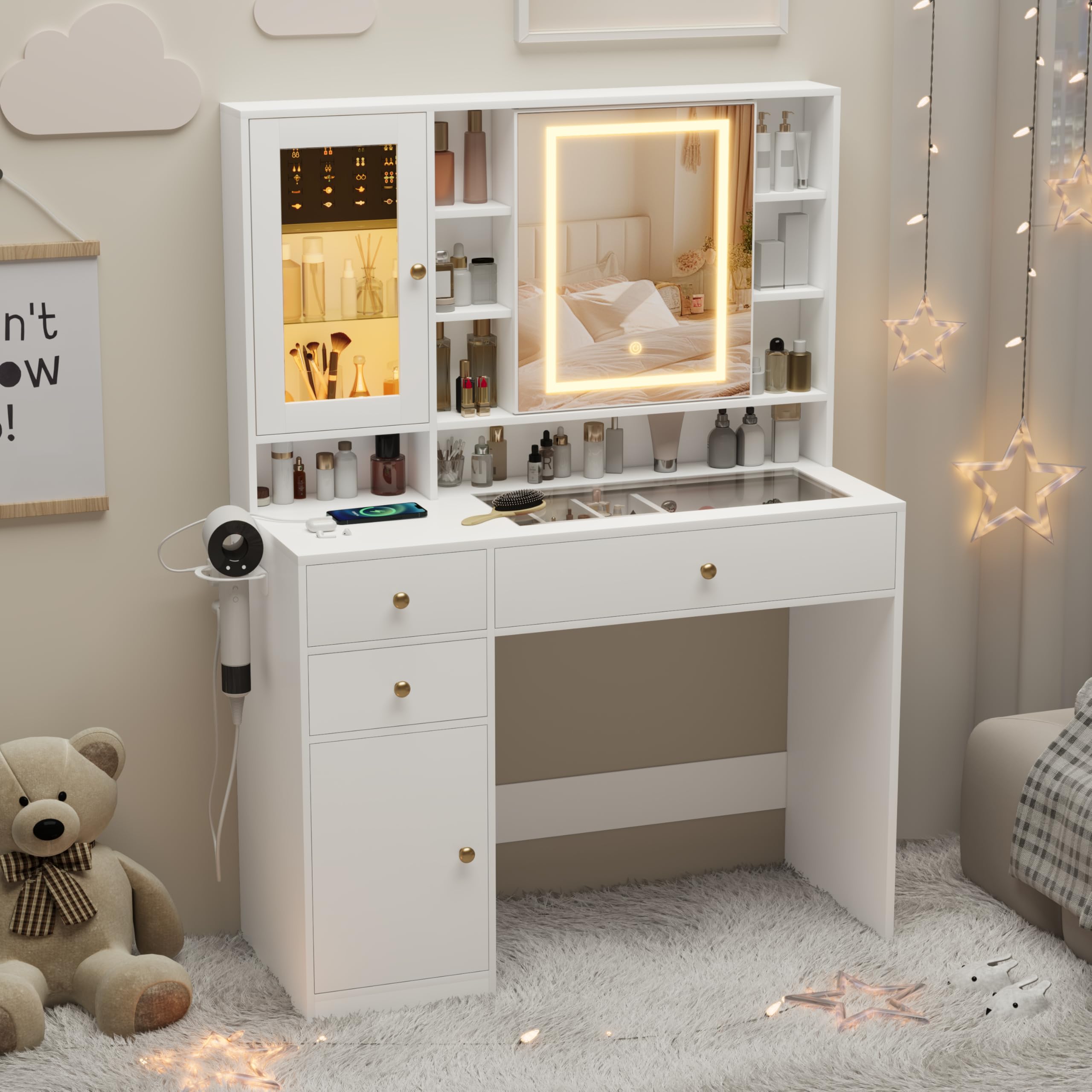 Makeup Vanity Desk with Mirror and Lights, White Vanity with Glass Top, Jewelry Storage, Power Outlets, 3 Drawers & 2 Cabinets, Adjustable LED Lighting, Dressing Table for Women & Girls Bedroom
