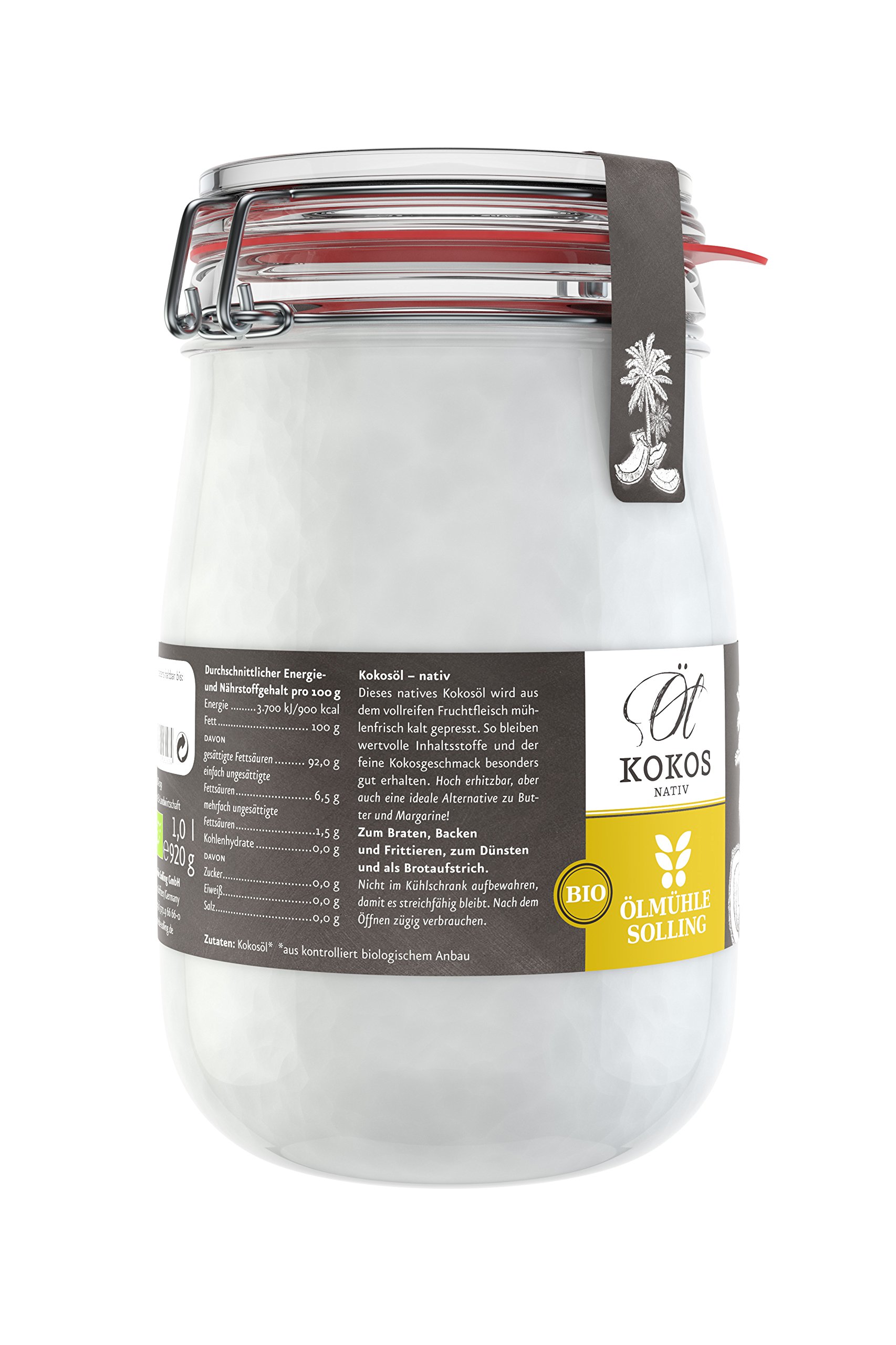 Ölmühle Solling - Huile de coco bio vierge pure 100 % naturelle I Pour la peau, les cheveux, le visage et la cuisine - en bocal