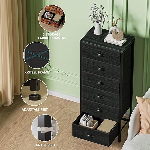 Miniatura 5 de Furnulem Cómoda alta con 6 cajones, mesita de noche vertical y cómoda para dormitorio, muebles negros con cajón de tela, mesita de noche, unidad