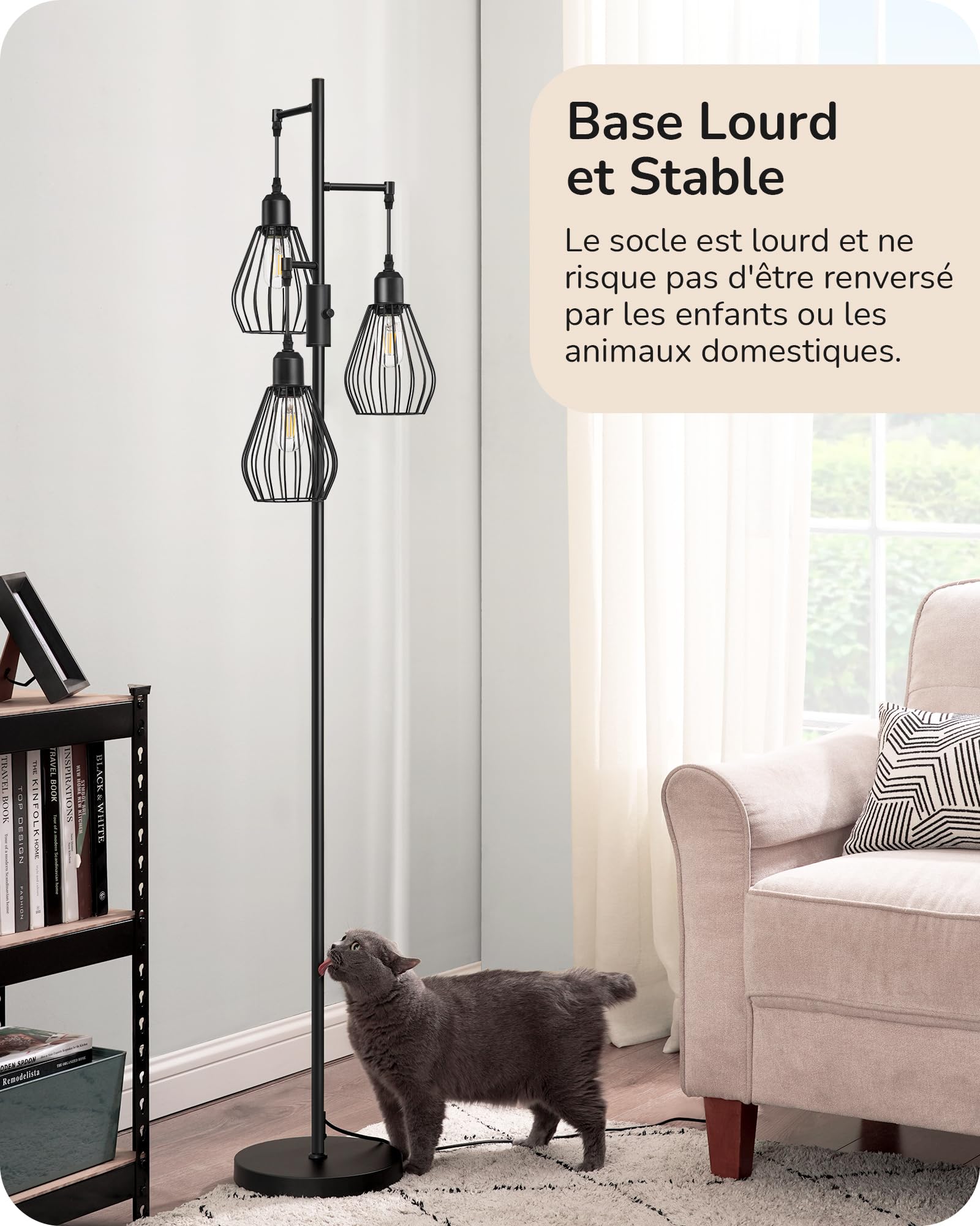 EDISHINE Lampadaire Salon, 3 Lumières, LED Dimmable, Vintage
