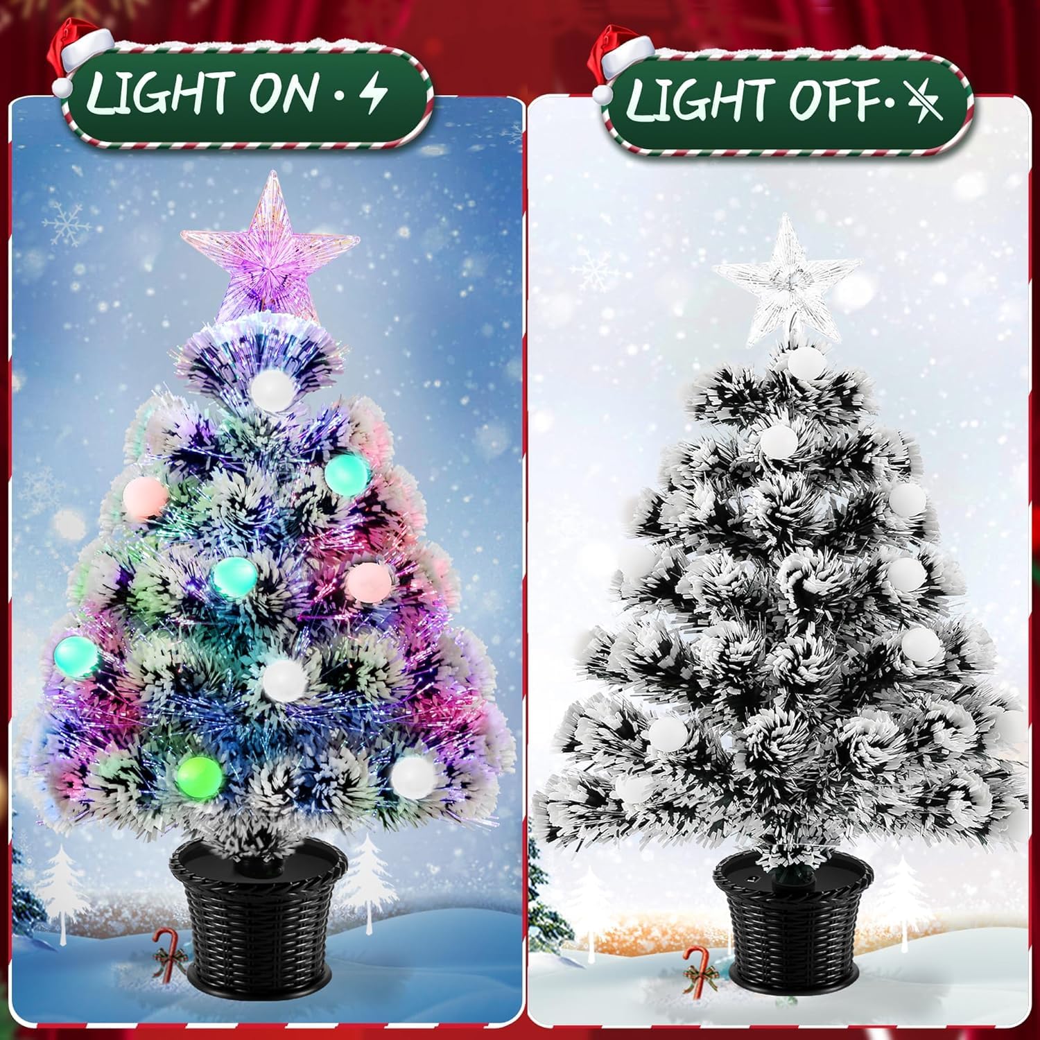24 Xmas 56cm Kleiner Glasfaser-Weihnachtsbaum, künstlicher Mini-Baum, beleuchteter Tisch-Weihnachtsbaum mit RGB-Kugeln, Stern, Kleiner künstlicher weißer Weihnachtsbaum-Dekoration
