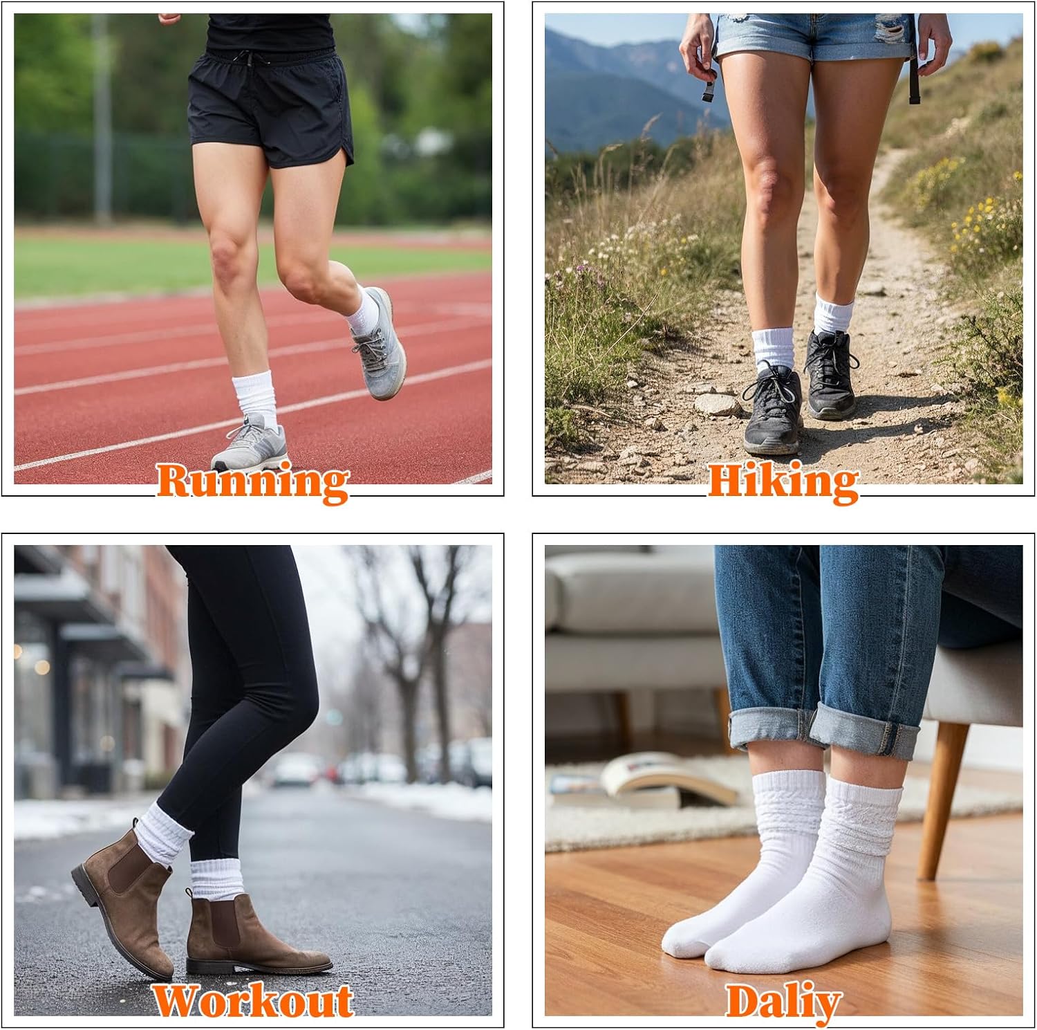 Ouligay 2 Pack Black Scrunch Crew Socks for Women Retro Cozy Slouchy Mid Calf Socks Solid Athletic Chunky Slouch Socks - Image 7