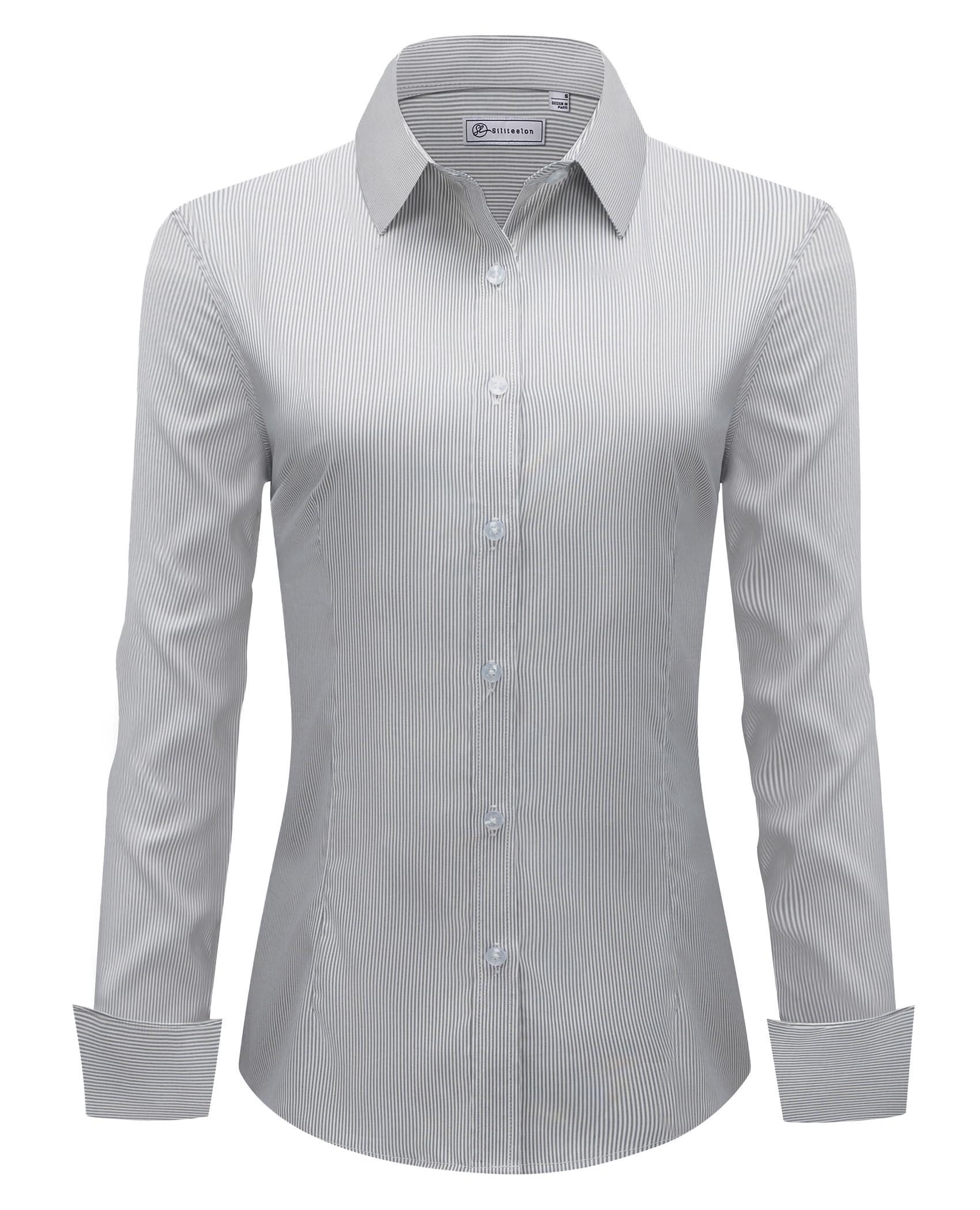 siliteelon Womens Stripe Dress Shirts Long Sleeve Button Down Wrinkle-Free Stretch Solid Casual Work Office Blouse Top