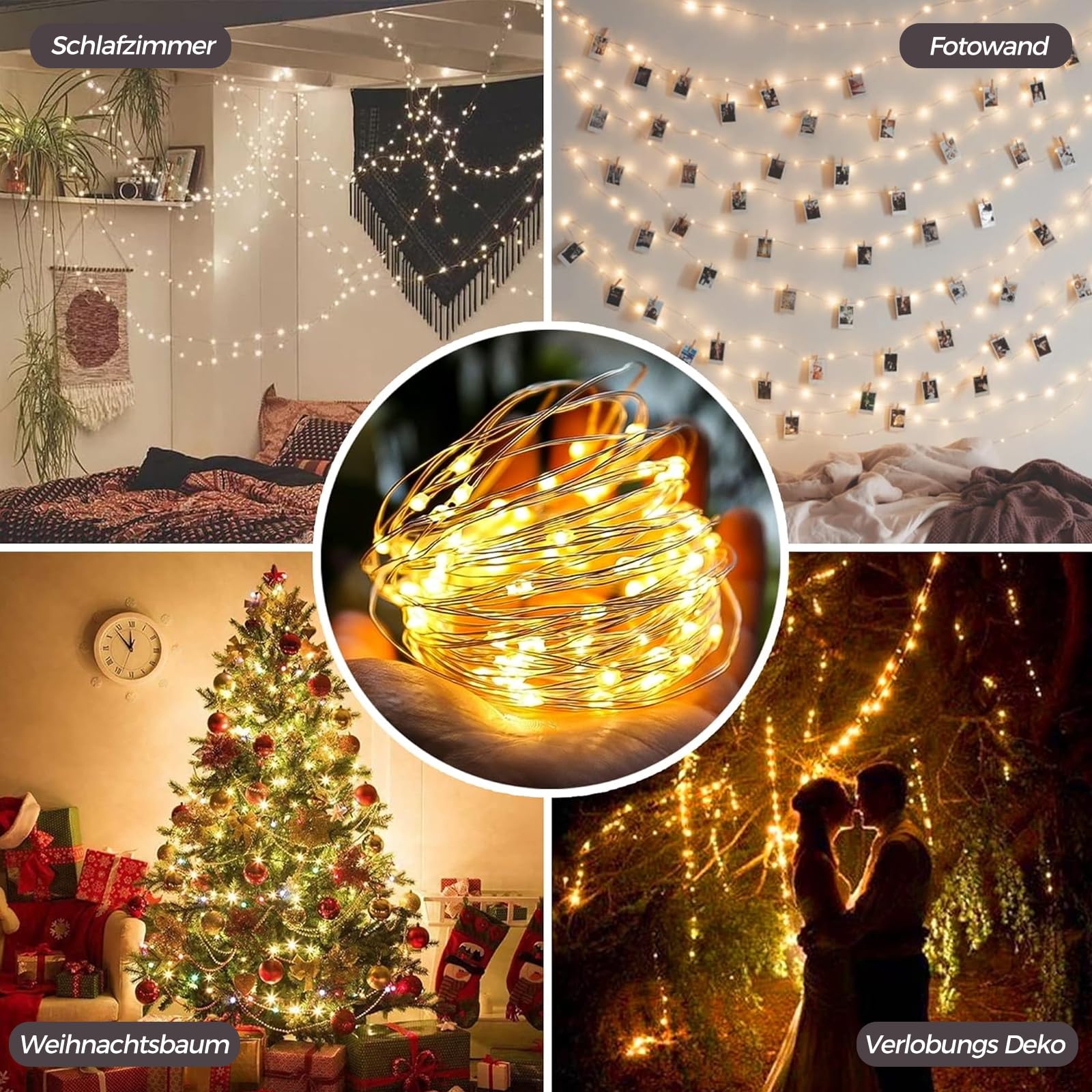 ALEGRE łańcuch świetlny LED z USB, 5 m, 50 diod LED, łańcuch świetlny z drutem miedzianym z wtyczką, wodoodporny łańcuch świetlny w kolorze ciepłej bieli do użytku wewnątrz i na zewnątrz, świąteczne