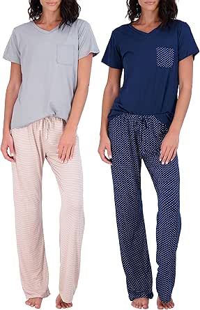 Real Essentials 2 Pack: Womens Pajama Set Super-Soft Short & Long Sleeve Top With Pants (Available In Plus Size)