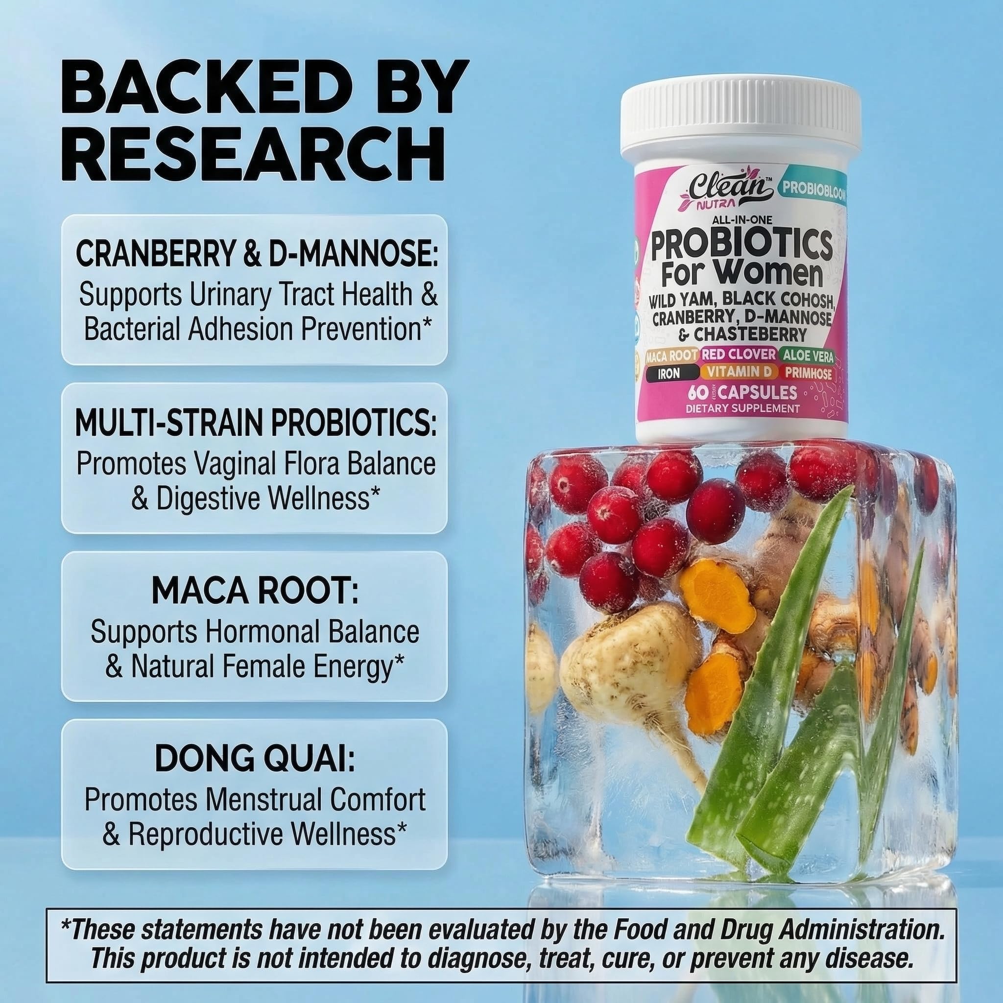 Clean Nutraceuticals Probiotics for Women with D Mannose, Cranberry Extract, Wild Yam, Chasteberry - 20 Probiotic and Prebiotic Strains - PH Balance, Womens Probiotic for Digestive Health - 60 Count — Amazon image 3