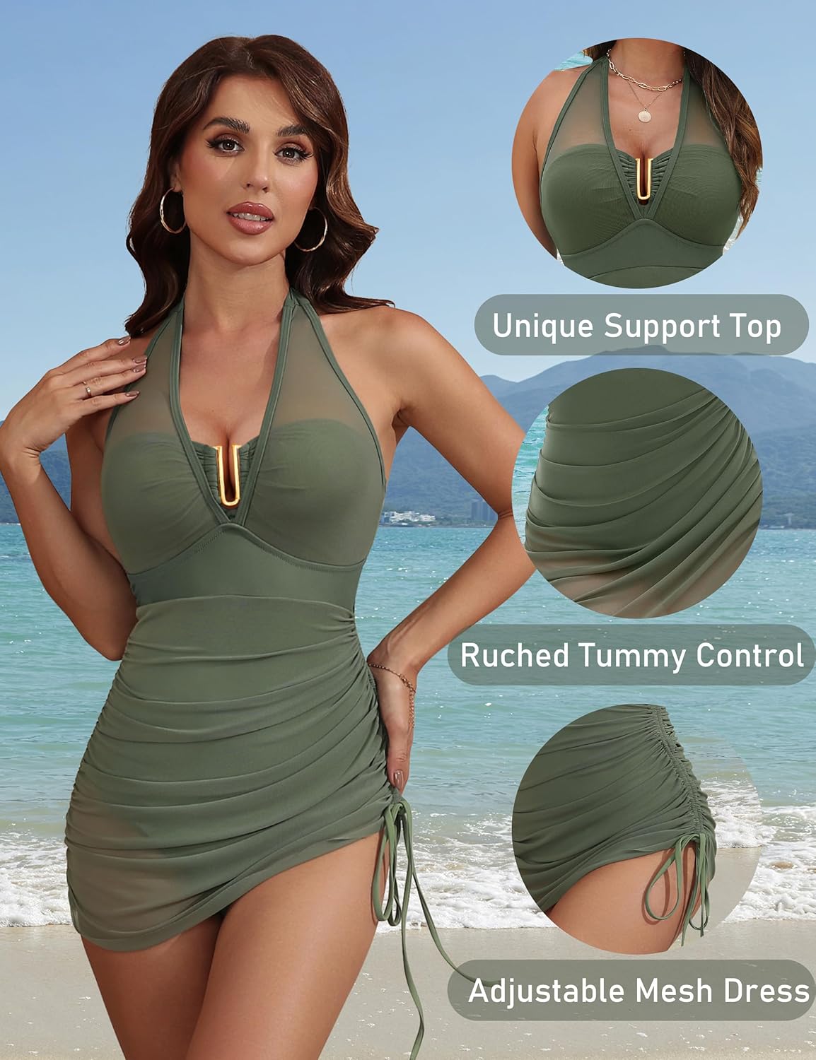 BMJL Womens One Piece Swimsuit Tummy Control Swim Dress Slimming Mesh Sheer Halter Sarong Wraps Bathing Suit - Image 4