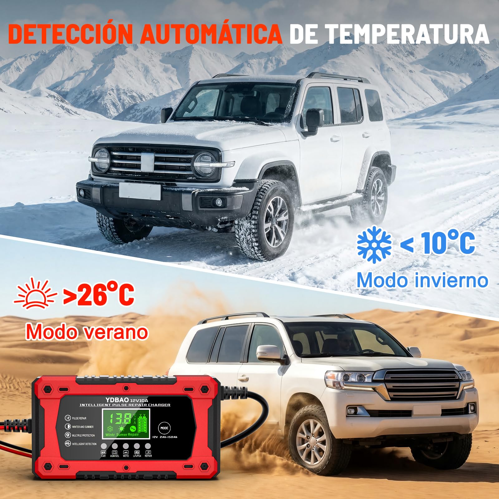 YDBAO Cargador de Batería de Coche 12V 10A Cargador Baterias Coche y Moto Inteligente con Reparación y Múltiples Protecciones y Pantalla LCD Cargador bateria para Auto,Moto, Camión, AGM, Gel,SLA