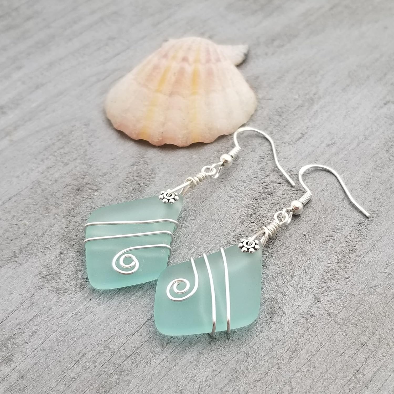 Yinahawaii Handmade Hawaiian Sea Glass Earrings, Wire Wrapped Earrings, Diamond Shape Beach Glass Birthday Jewelry Gift For Women with Customization Order - Image 5