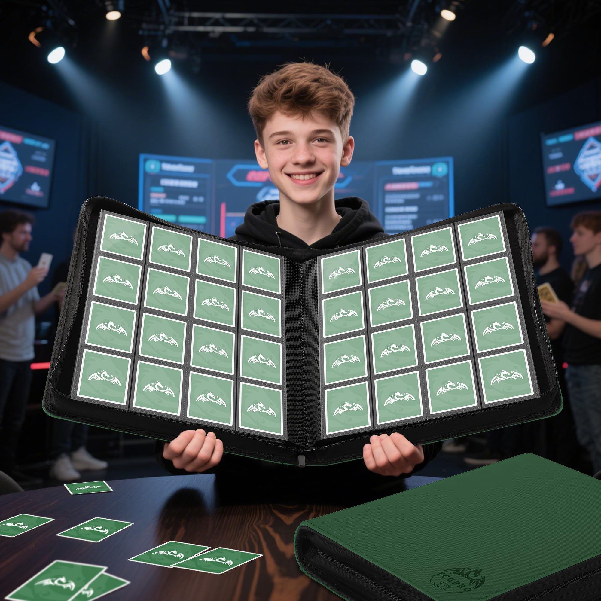 TCGPRO Sammelkarten Album für 1000 Karten, Trading Card Binder mit 16 Kartenfächern pro Seite, Wasserdichte PU-Hülle für Standardgröße-Karten z.B. Sammelkartenspiele, Sportkarten, TCG, Dunkelgrün