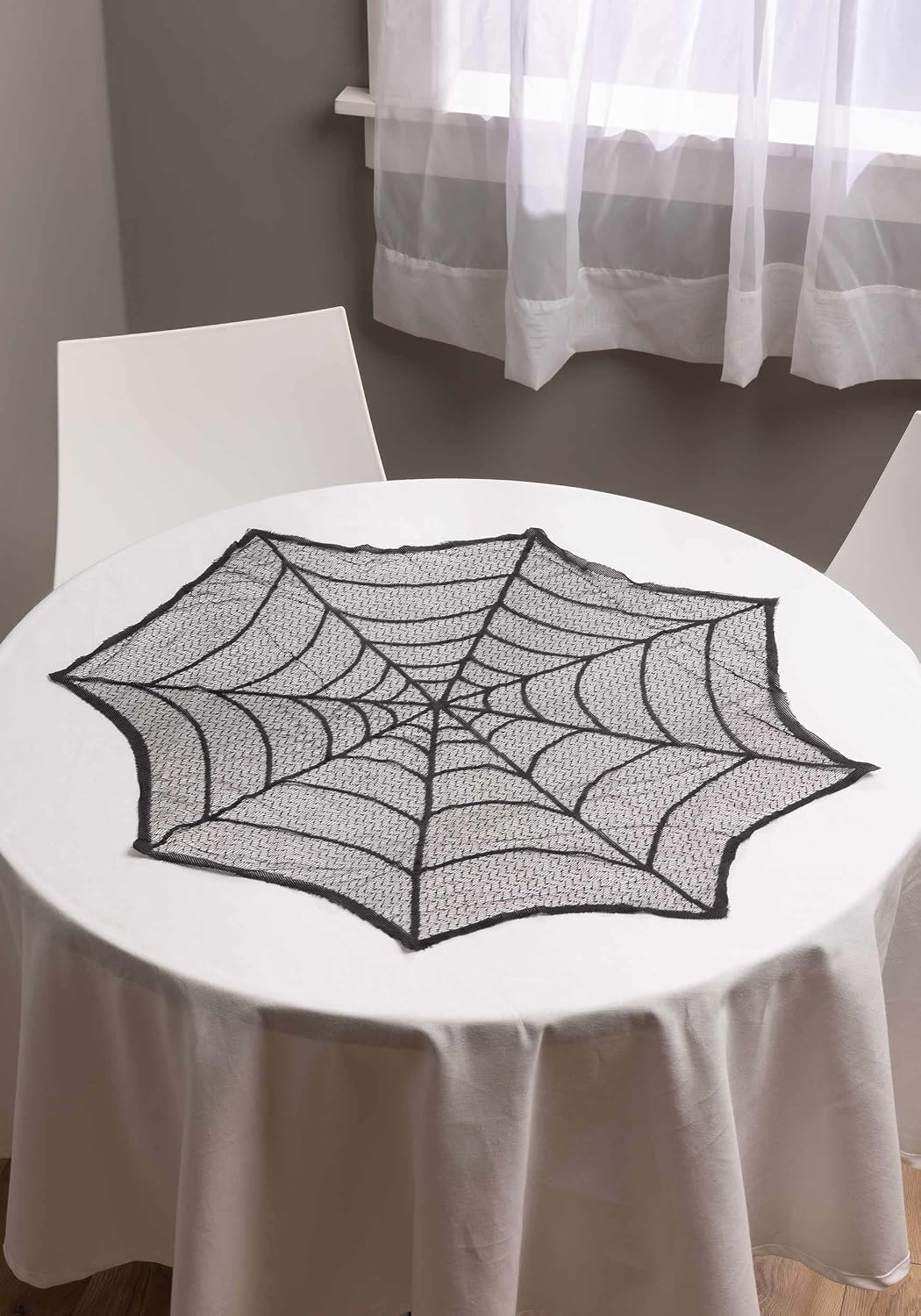 Fun Costumes Halloween Spider Web Round Table Cover Indoor Decoration, Black Lace Mantle Topper Room Display Standard