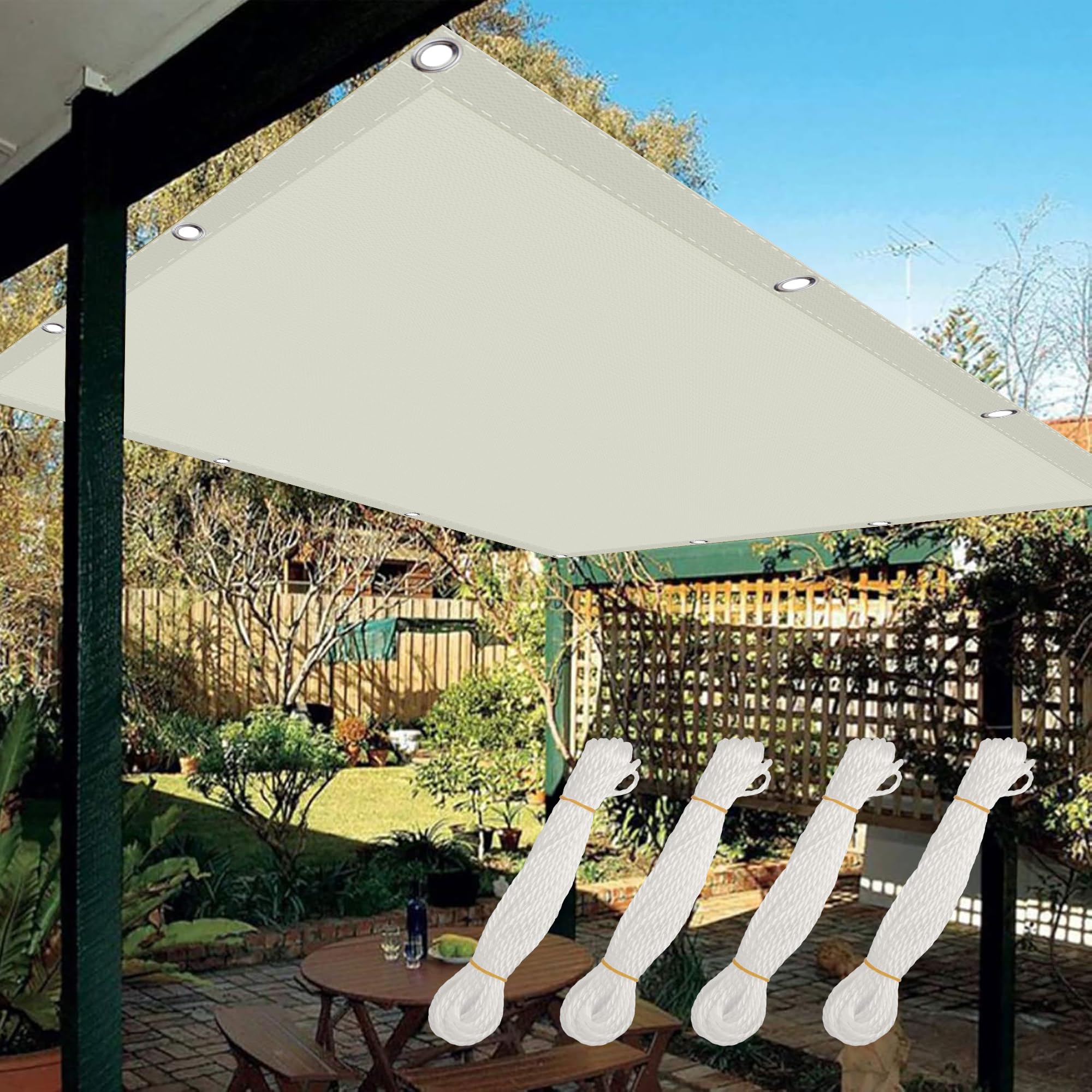 Voile d'ombrage 1.9x2m blanc cassé anti-UV avec 4 cordes pour balcon