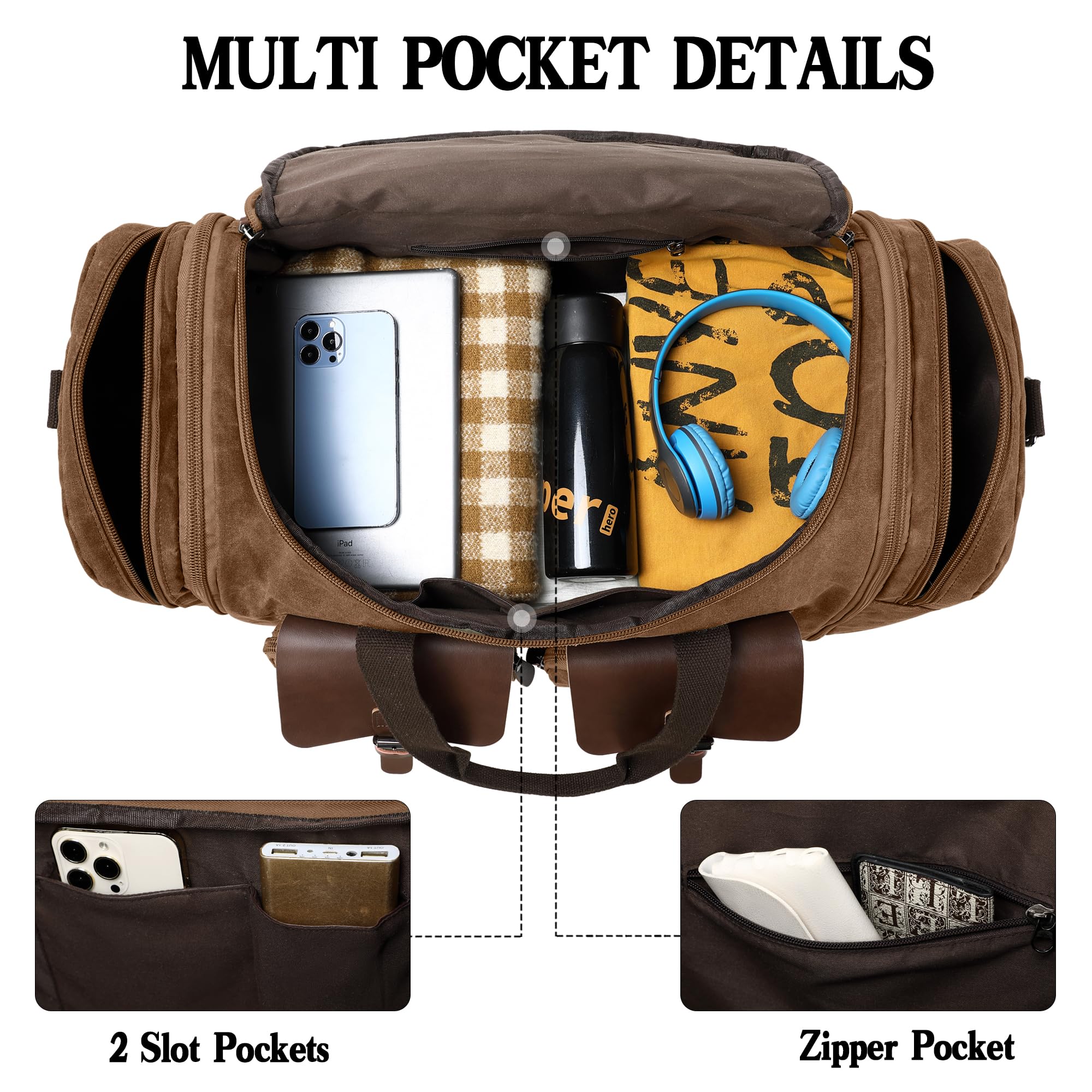 Bolsa de viaje de 60 litros, bolsa de lona expandible de piel auténtica, bolsa de viaje mejorada para fin de semana, marrón, (Vintage Dark Brown), Large-50L, Classic